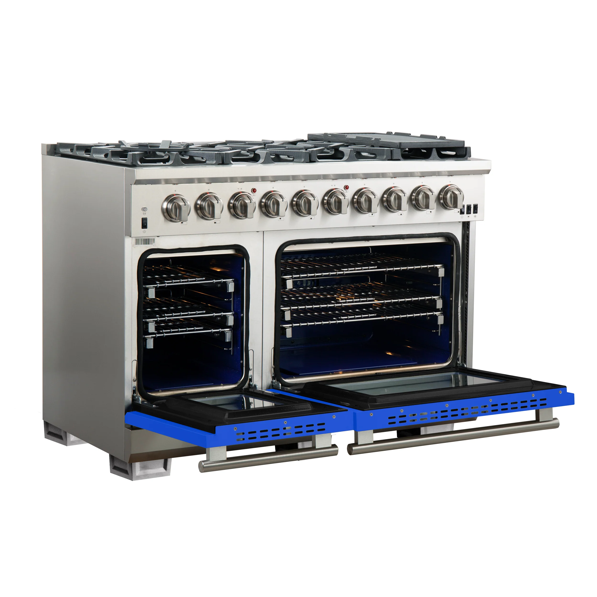 FORNO Capriasca 48-inch Gas Range Stainless Steel, 8 Brass Burners 160,000 BTU, 6.58 cu.ft. Double Oven, Blue Doors - Image 4