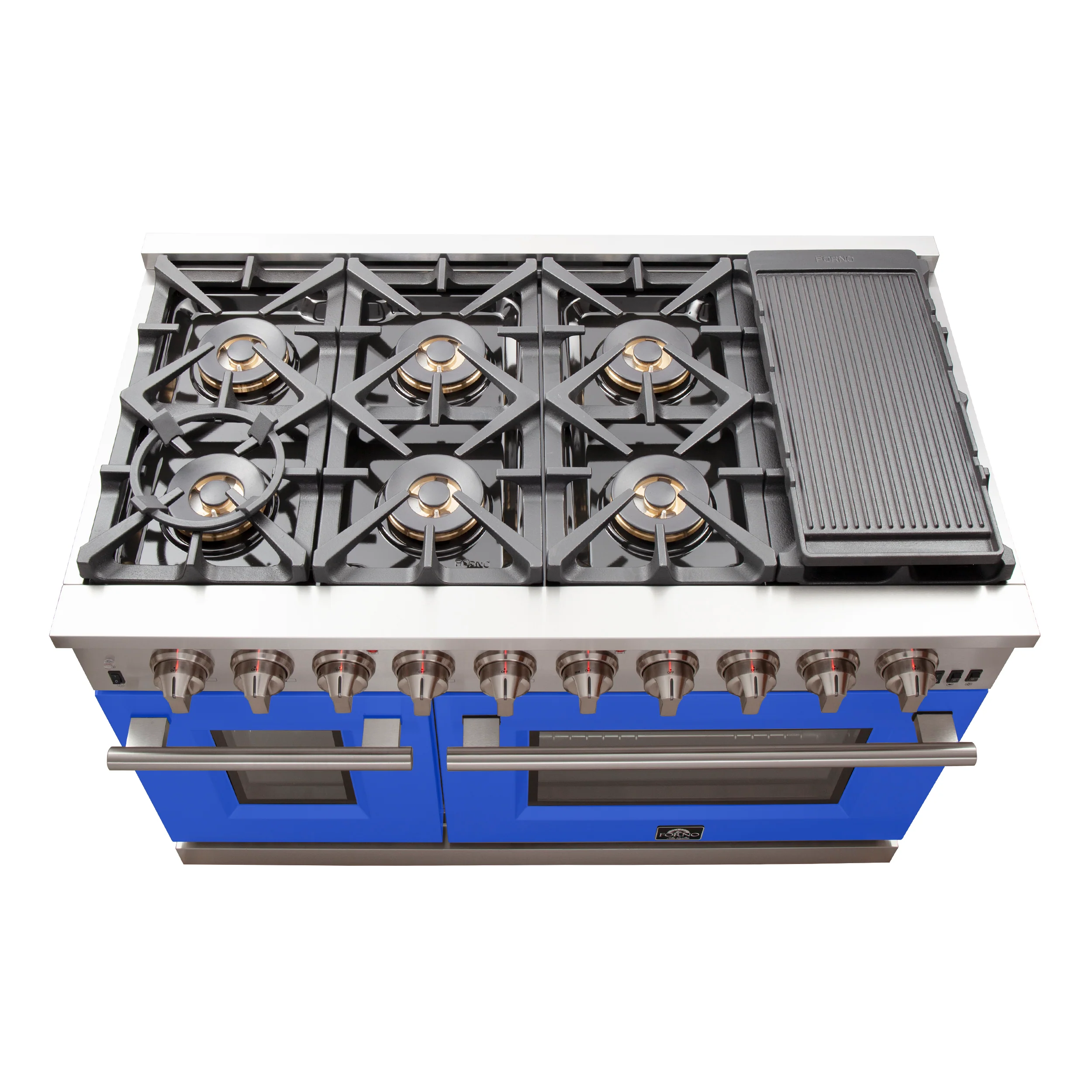 FORNO Capriasca 48-inch Gas Range Stainless Steel, 8 Brass Burners 160,000 BTU, 6.58 cu.ft. Double Oven, Blue Doors - Image 5