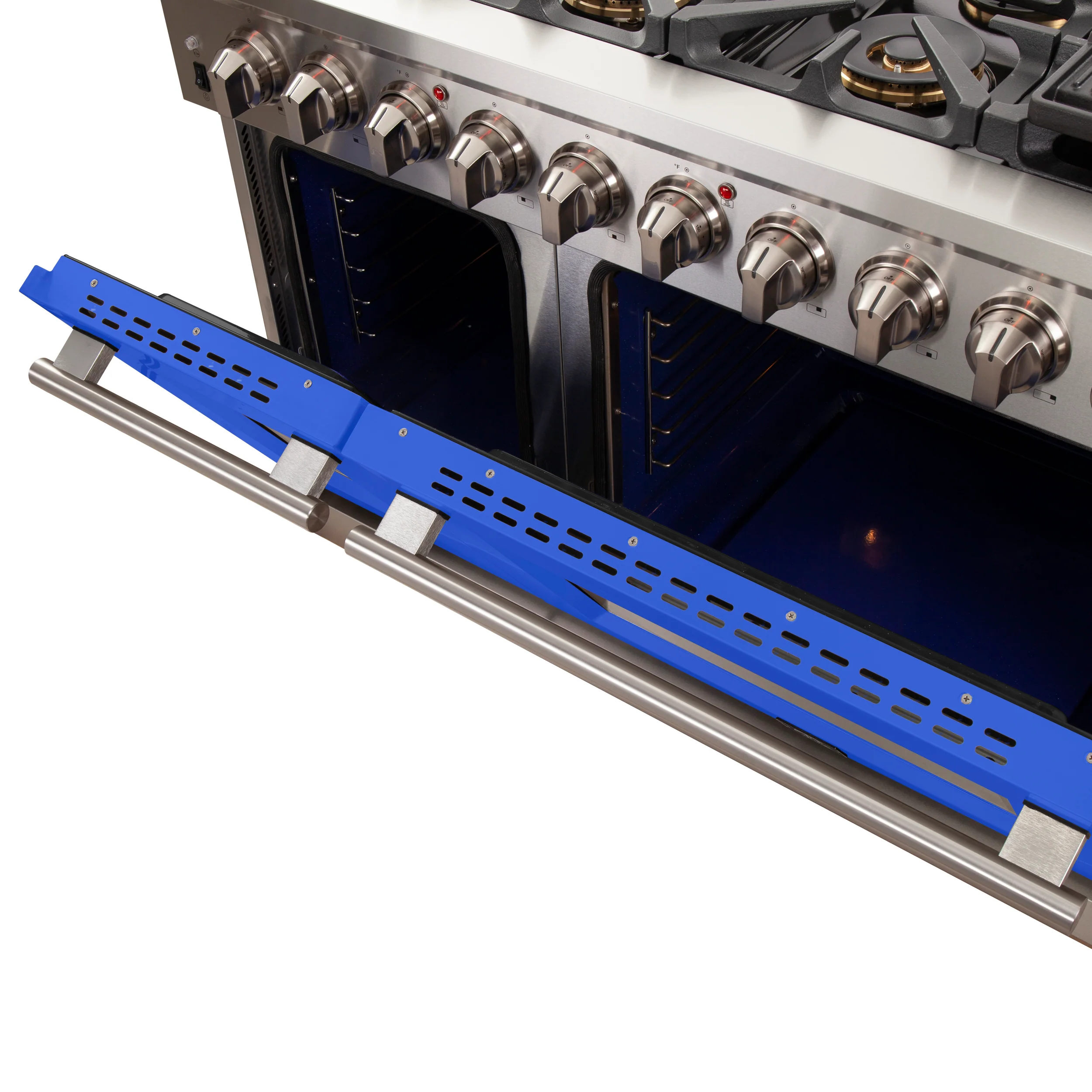FORNO Capriasca 48-inch Gas Range Stainless Steel, 8 Brass Burners 160,000 BTU, 6.58 cu.ft. Double Oven, Blue Doors - Image 6