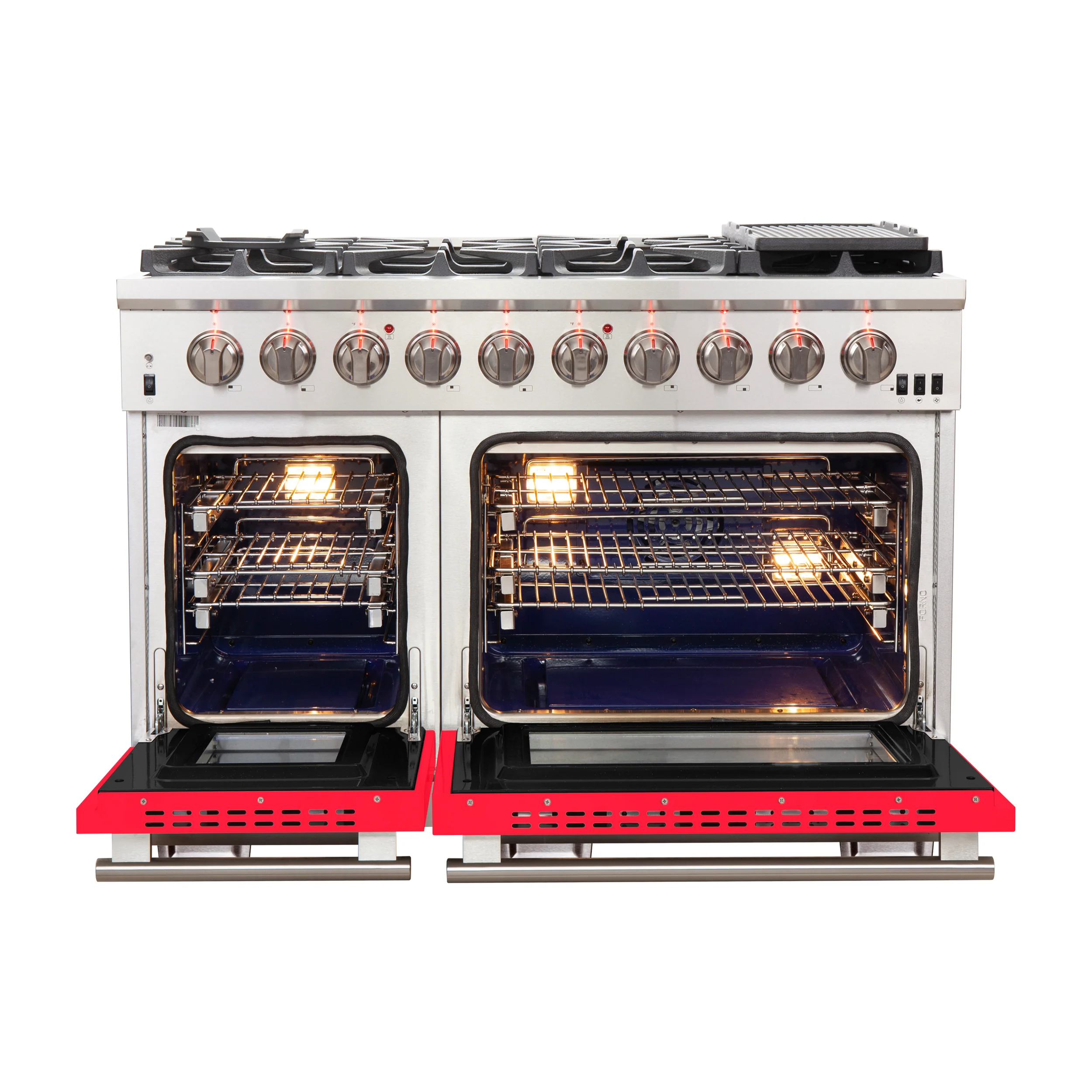 FORNO Capriasca 48-inch Gas Range Stainless Steel, 8 Brass Burners 160,000 BTU, 6.58 cu.ft. Double Oven, Red Doors - Image 2