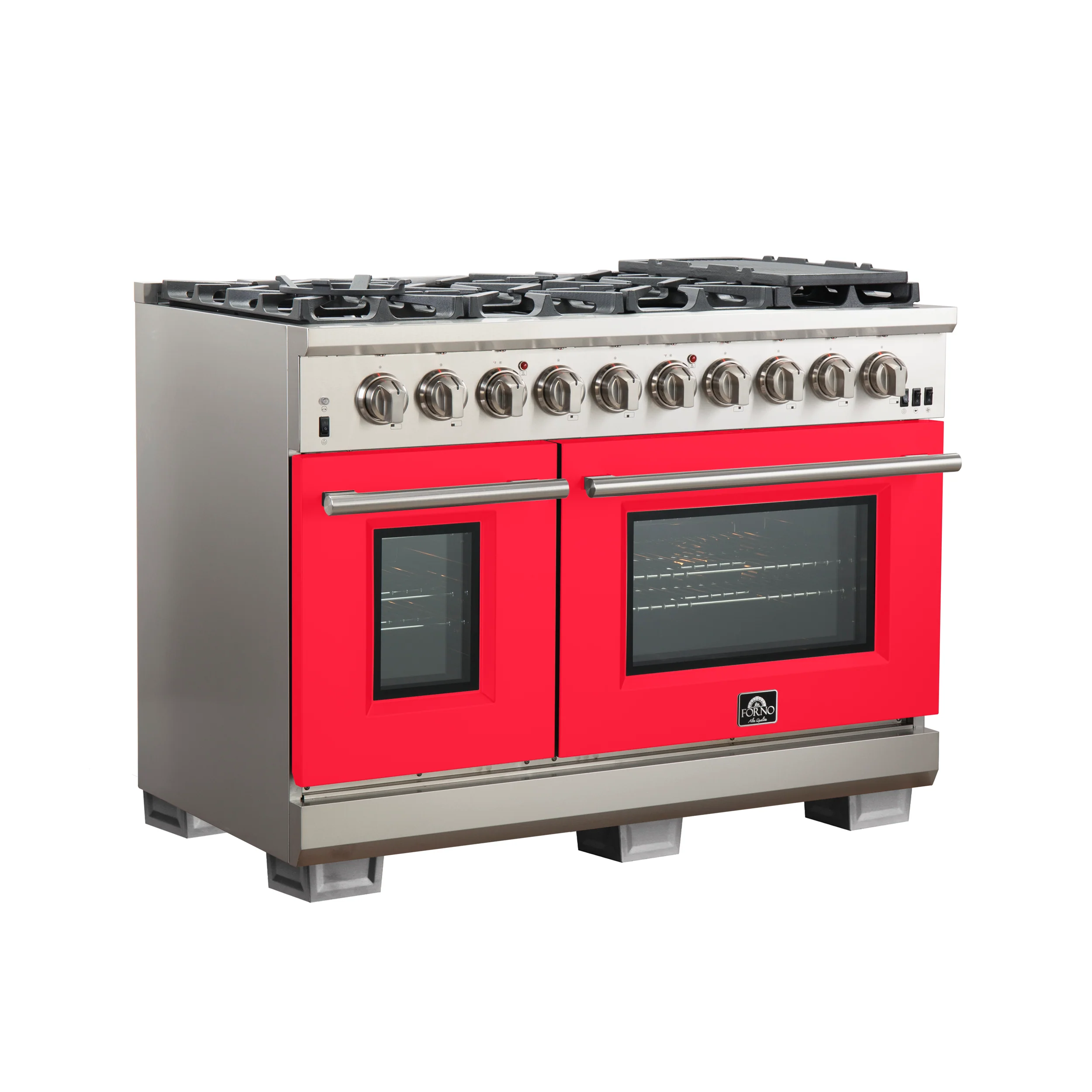 FORNO Capriasca 48-inch Gas Range Stainless Steel, 8 Brass Burners 160,000 BTU, 6.58 cu.ft. Double Oven, Red Doors - Image 3