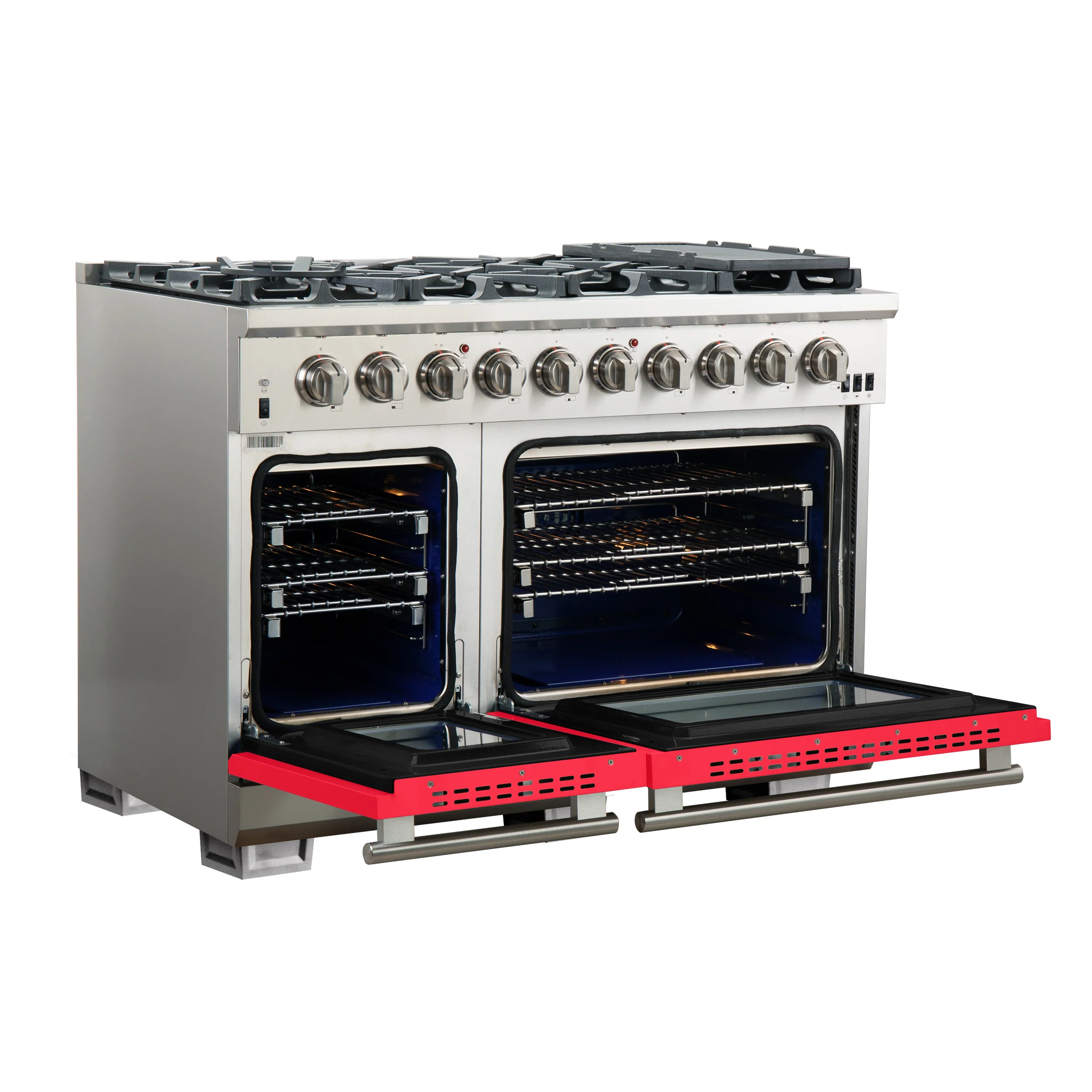 FORNO Capriasca 48-inch Gas Range Stainless Steel, 8 Brass Burners 160,000 BTU, 6.58 cu.ft. Double Oven, Red Doors - Image 4