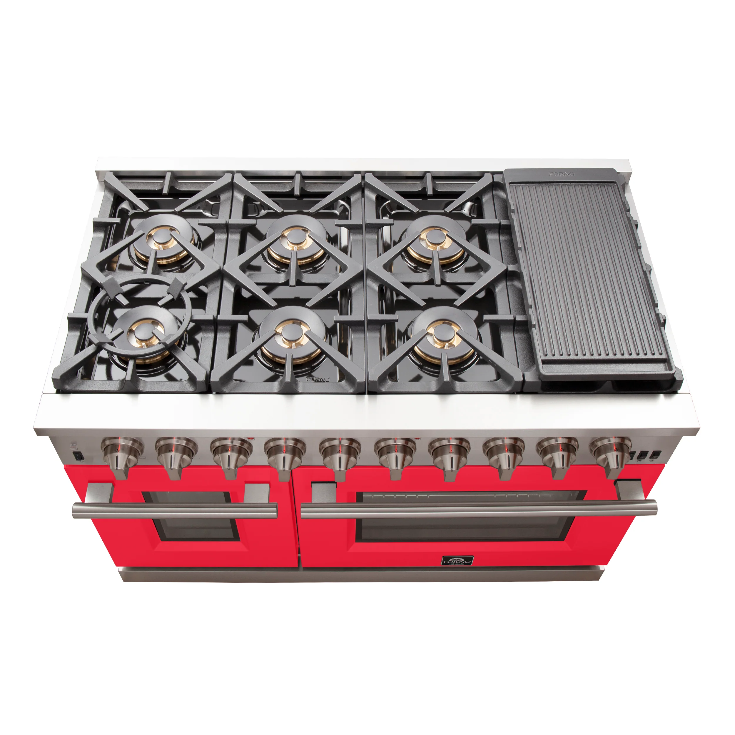 FORNO Capriasca 48-inch Gas Range Stainless Steel, 8 Brass Burners 160,000 BTU, 6.58 cu.ft. Double Oven, Red Doors - Image 5