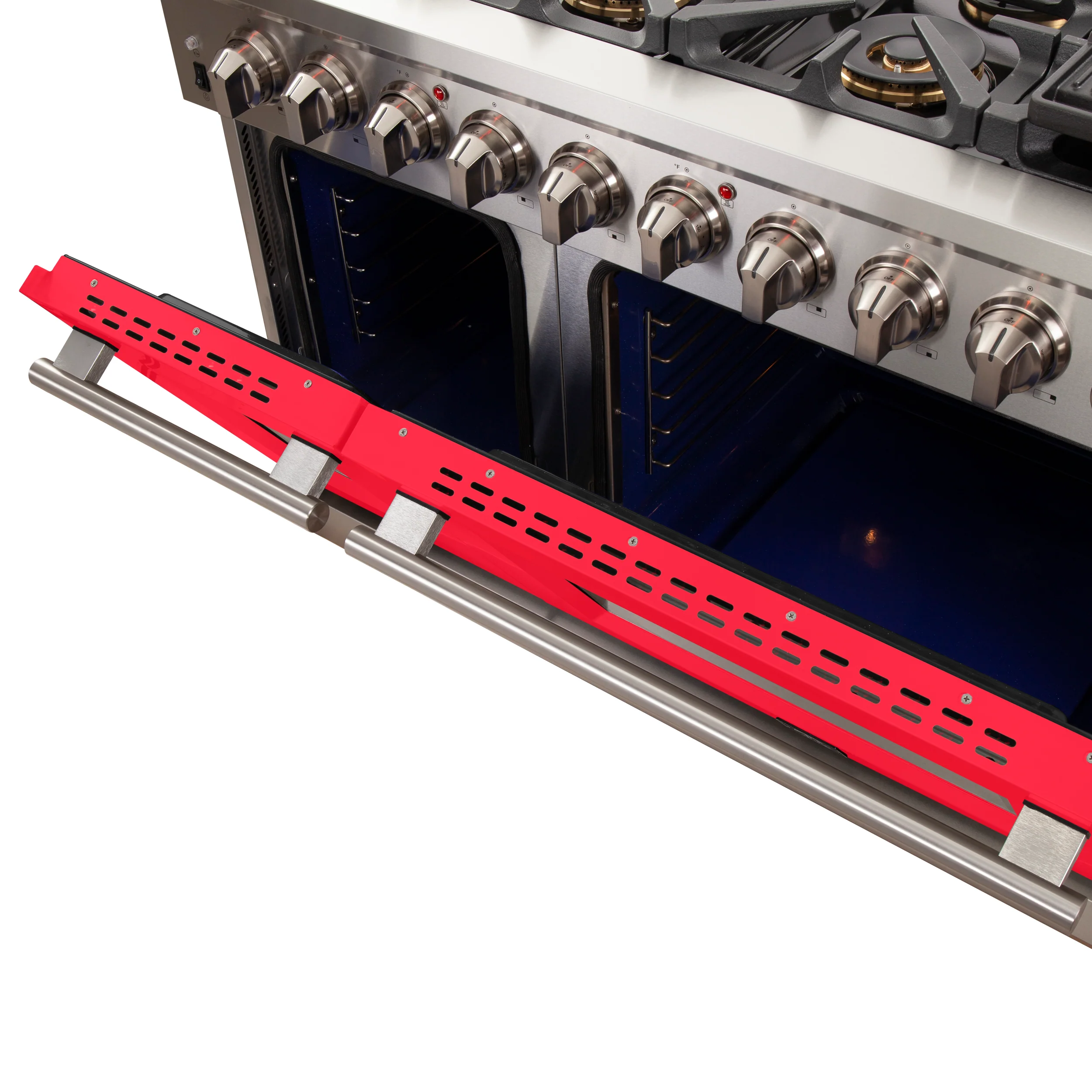 FORNO Capriasca 48-inch Gas Range Stainless Steel, 8 Brass Burners 160,000 BTU, 6.58 cu.ft. Double Oven, Red Doors - Image 6