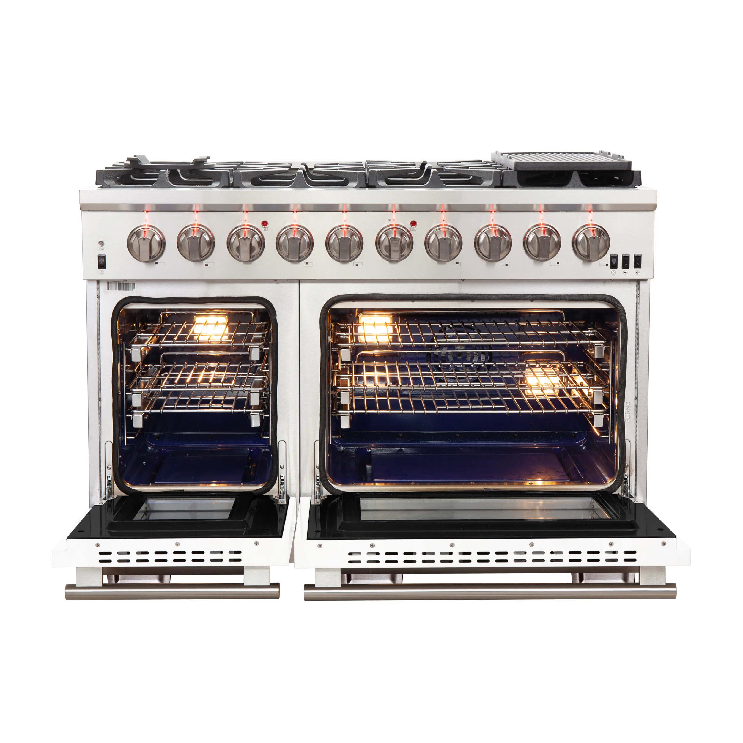 FORNO Capriasca 48-inch Gas Range Stainless Steel, 8 Brass Burners 160,000 BTU, 6.58 cu.ft. Double Oven, White Doors - Image 2