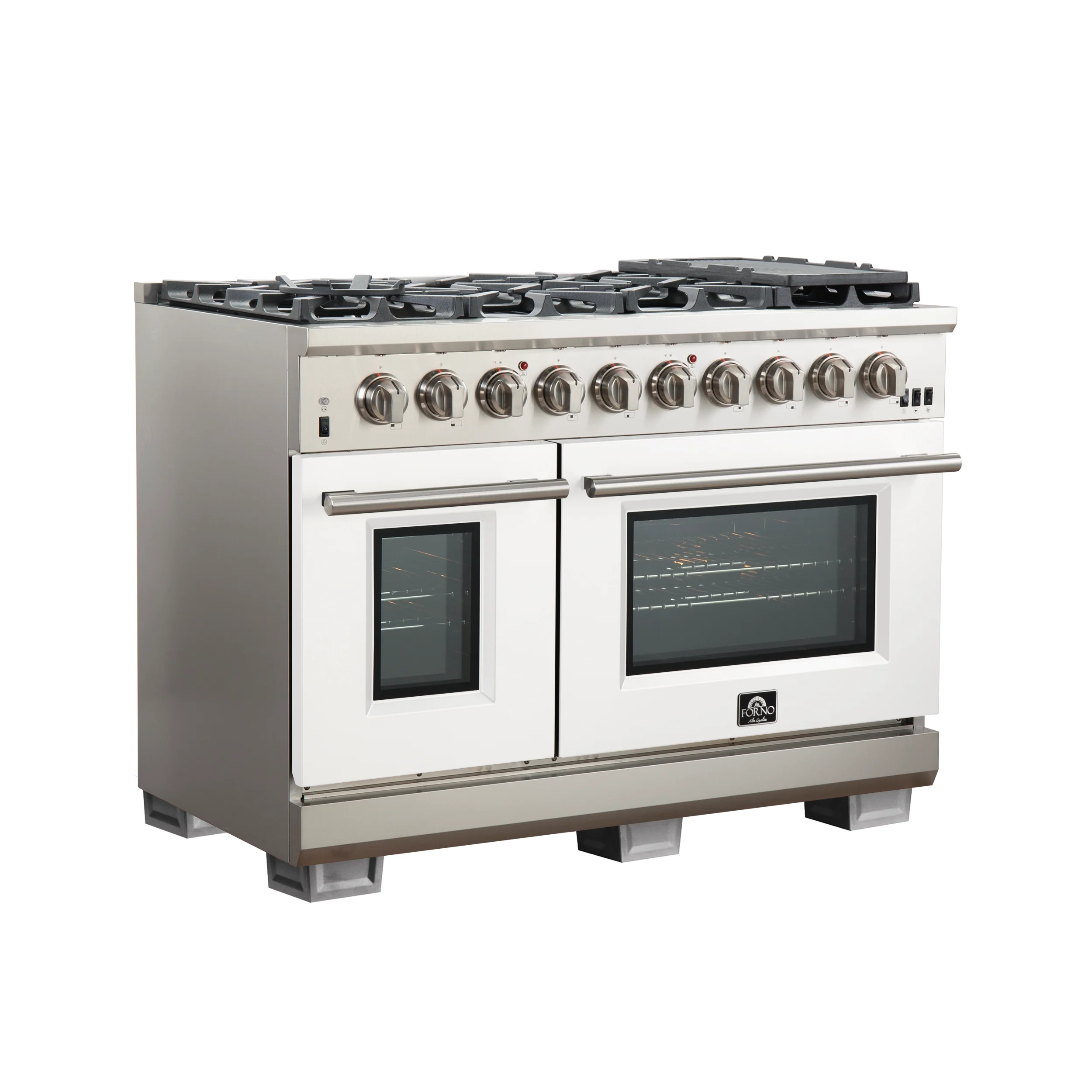 FORNO Capriasca 48-inch Gas Range Stainless Steel, 8 Brass Burners 160,000 BTU, 6.58 cu.ft. Double Oven, White Doors - Image 3