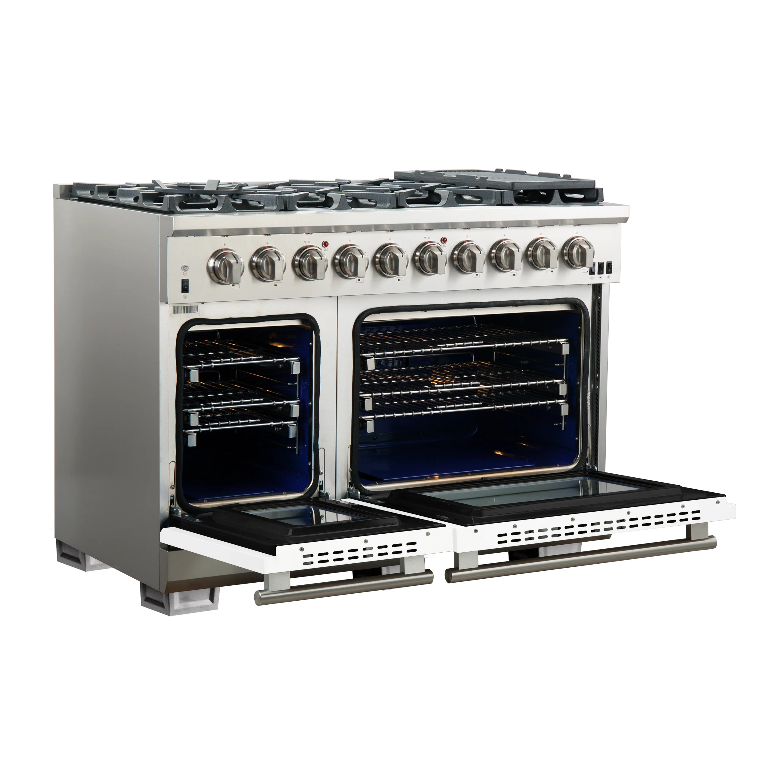 FORNO Capriasca 48-inch Gas Range Stainless Steel, 8 Brass Burners 160,000 BTU, 6.58 cu.ft. Double Oven, White Doors - Image 4