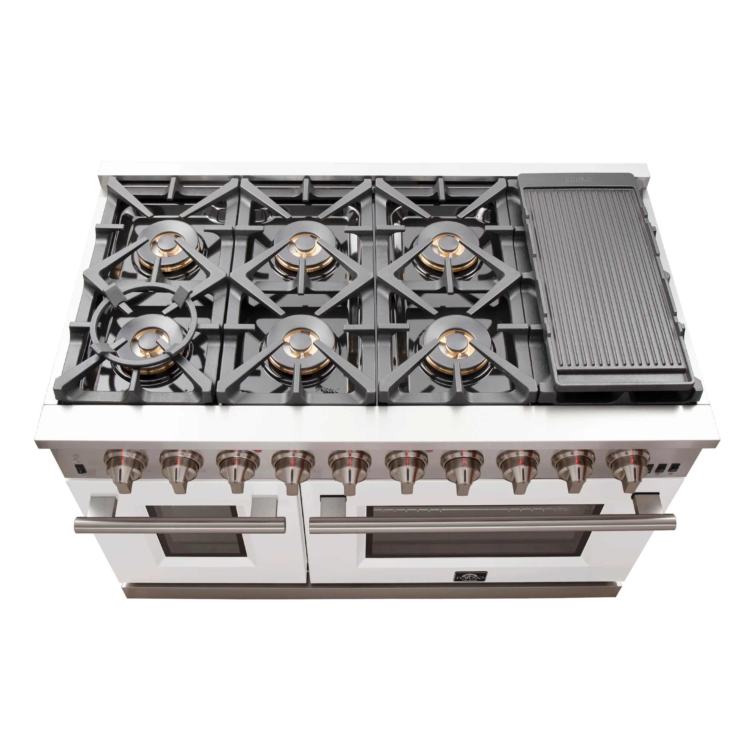FORNO Capriasca 48-inch Gas Range Stainless Steel, 8 Brass Burners 160,000 BTU, 6.58 cu.ft. Double Oven, White Doors - Image 5