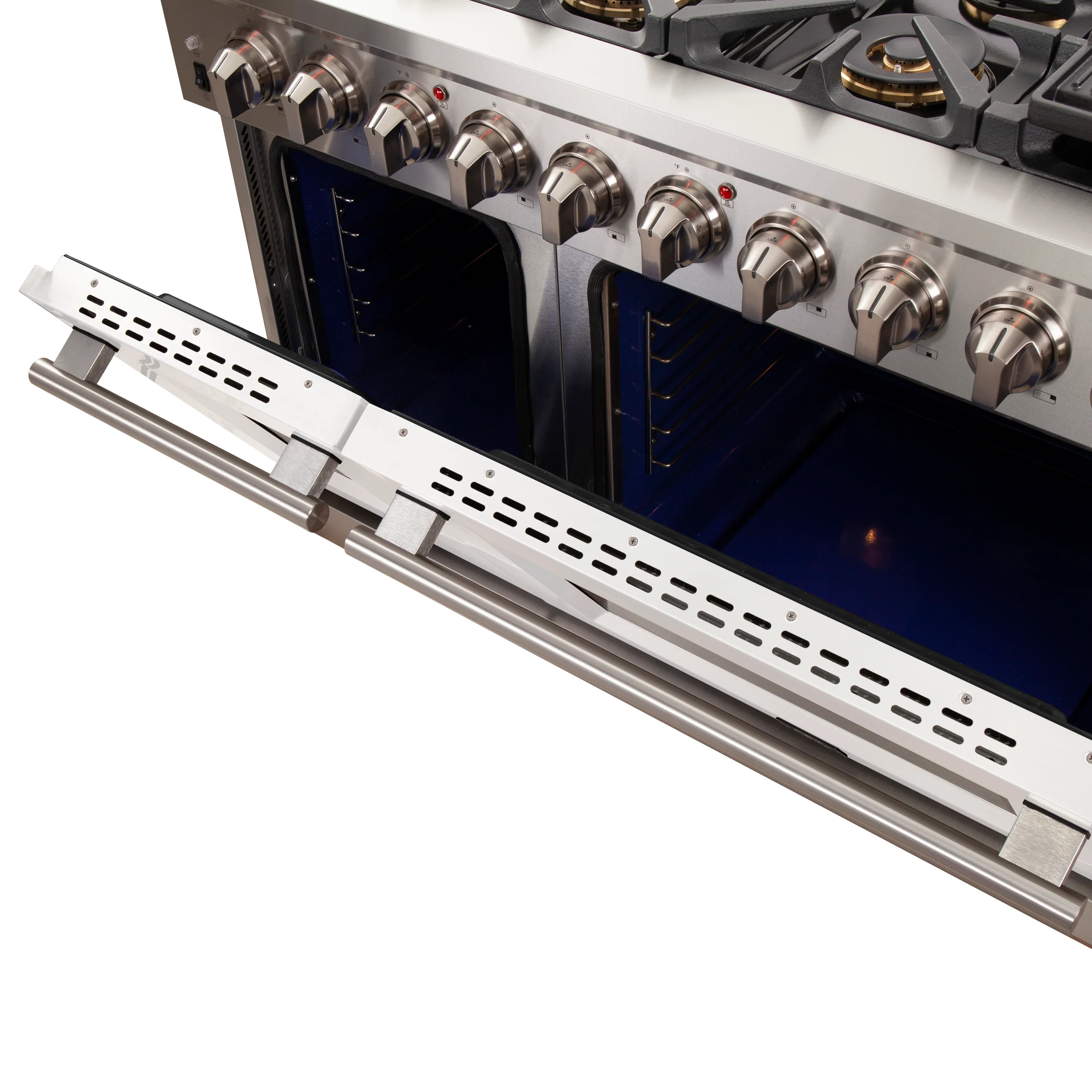 FORNO Capriasca 48-inch Gas Range Stainless Steel, 8 Brass Burners 160,000 BTU, 6.58 cu.ft. Double Oven, White Doors - Image 6