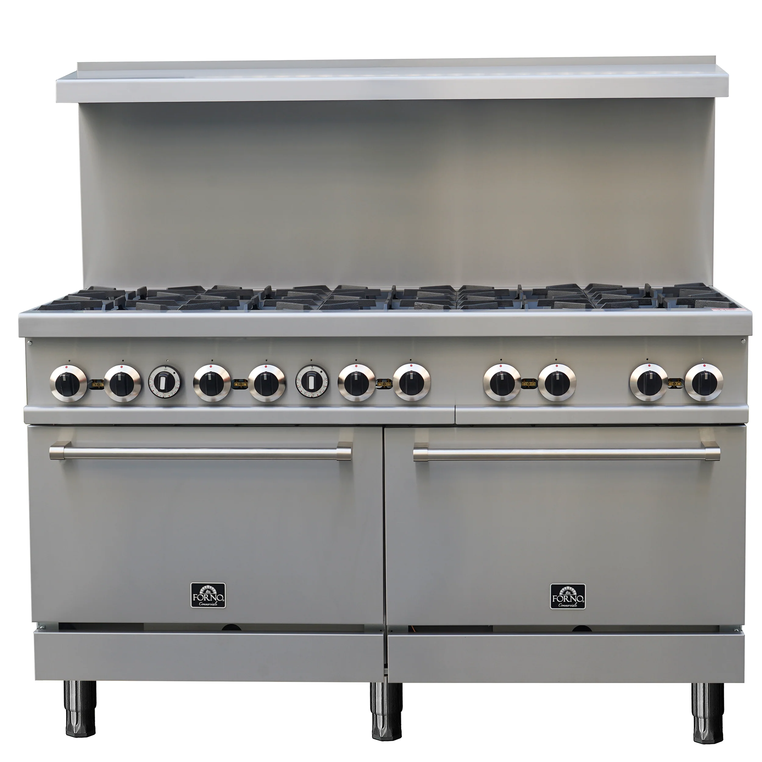 Forno Commerciale 60 Inch Stainless Steel Gas Range, 10 Burners 300,000 BTU Total, 9.3 cu.ft. Ovens