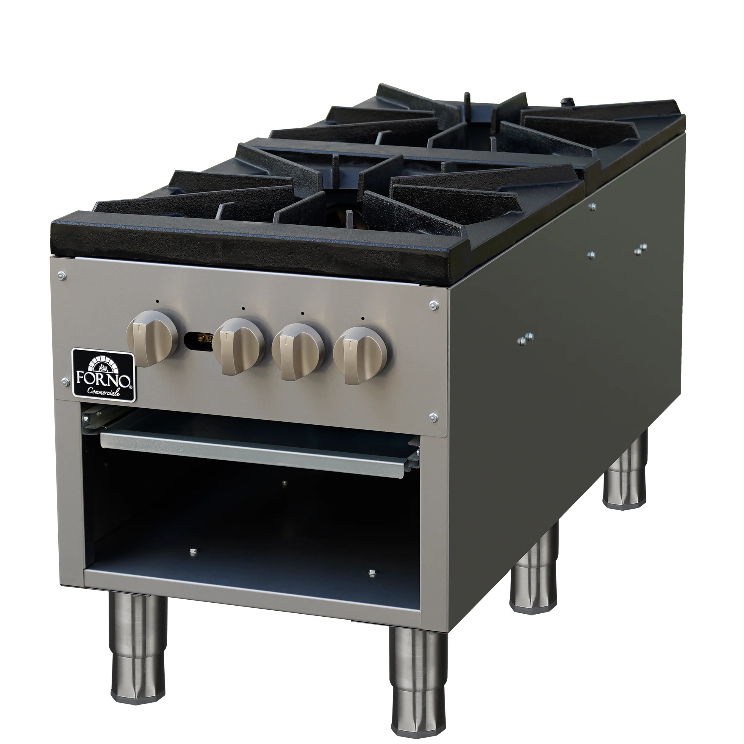 Forno Commerciale gas stock pot range, 2 powerful 3-ring burners, 160,000 BTU, durable stainless steel, heavy-duty cast iron grates