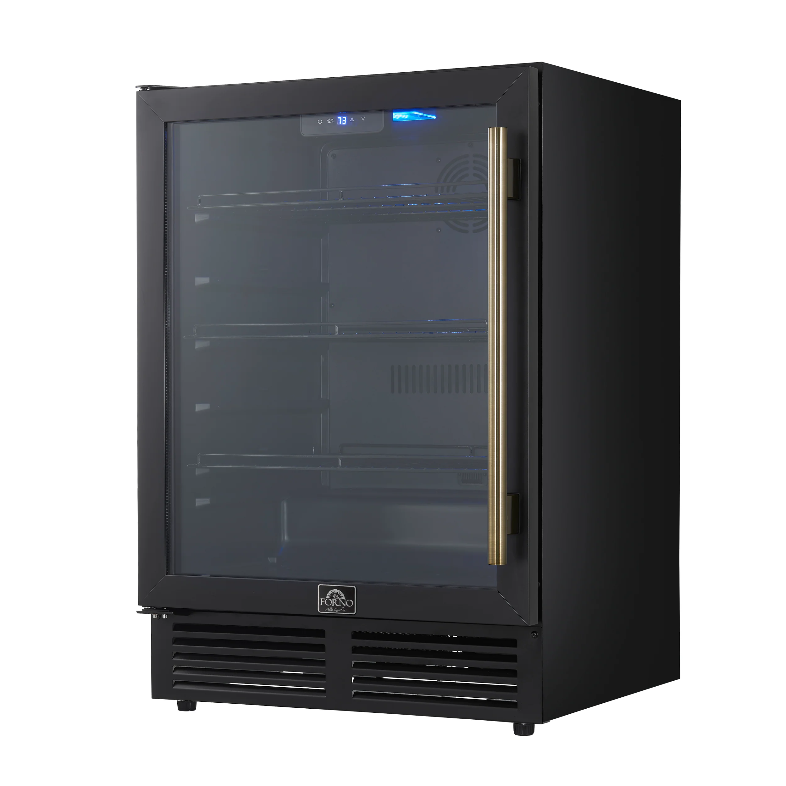 Forno Frescolino 24 Inch Beverage Cooler, Black with Antique Brass Handles, with LED Lighting, Triple Glass Door, 188 Can Capacity, Built-In or Freestanding - Image 7