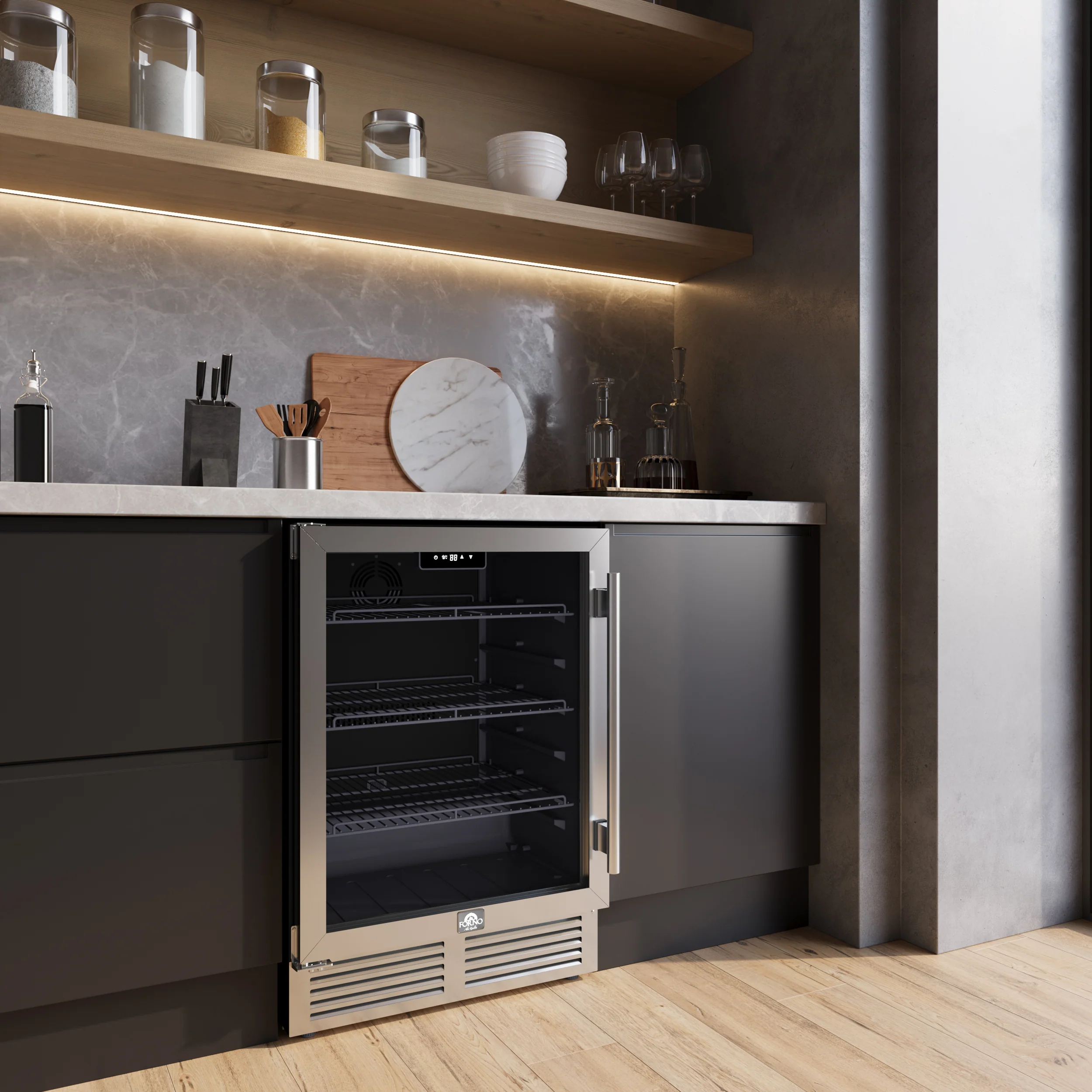 Forno Frescolino 24 Inch Beverage Cooler, Stainless Steel, with LED Lighting, Triple Glass Door, 188 Can Capacity, Built-In or Freestanding - Image 11
