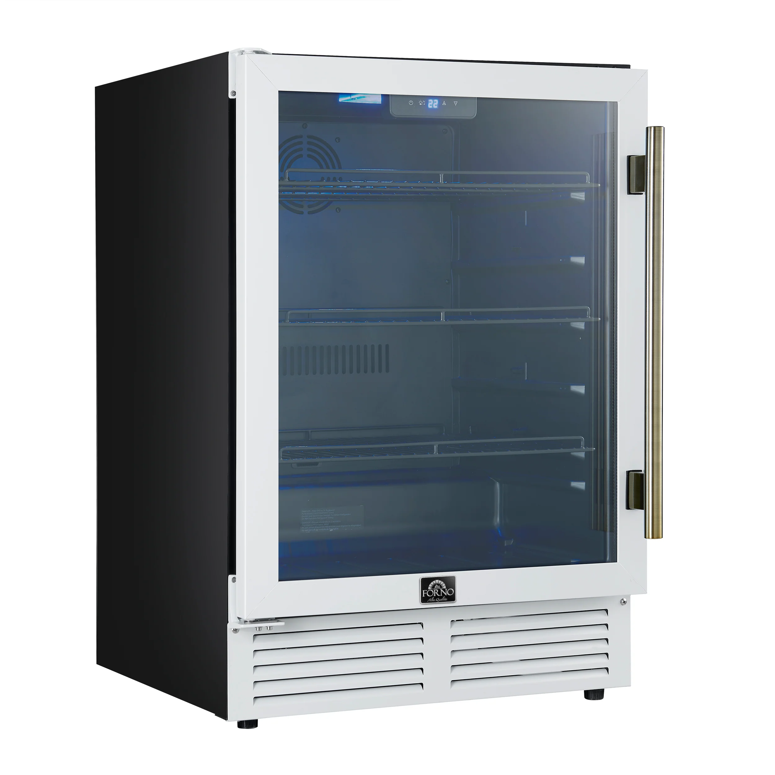 Forno Frescolino 24 Inch Beverage Cooler, White with Antique Brass Handles, with LED Lighting, Triple Glass Door, 188 Can Capacity, Built-In or Freestanding - Image 9