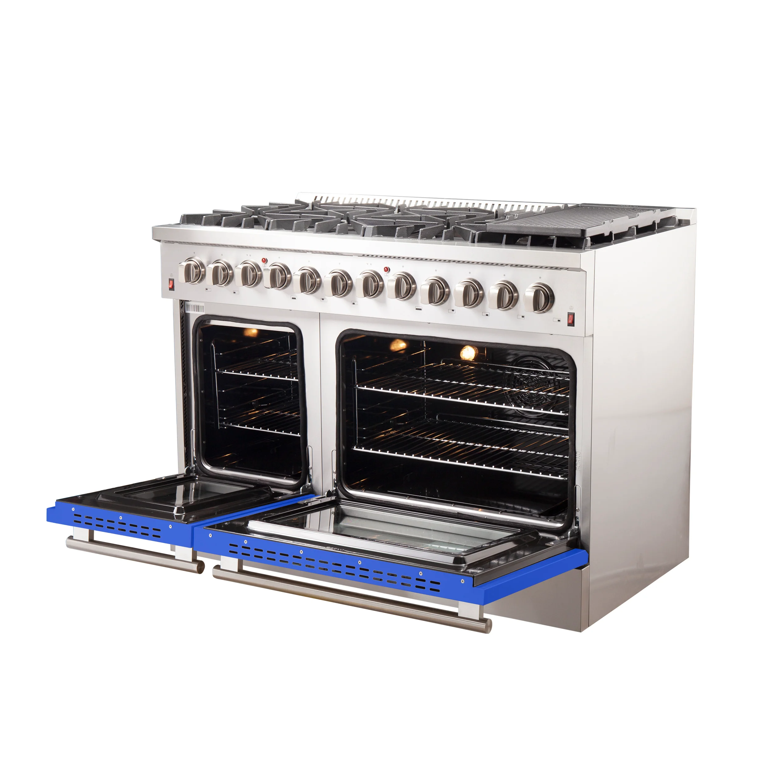 Forno Galiano 48-Inch Freestanding Dual Fuel Range, 8 Burners, Double Convection Ovens, Blue Doors - Image 4