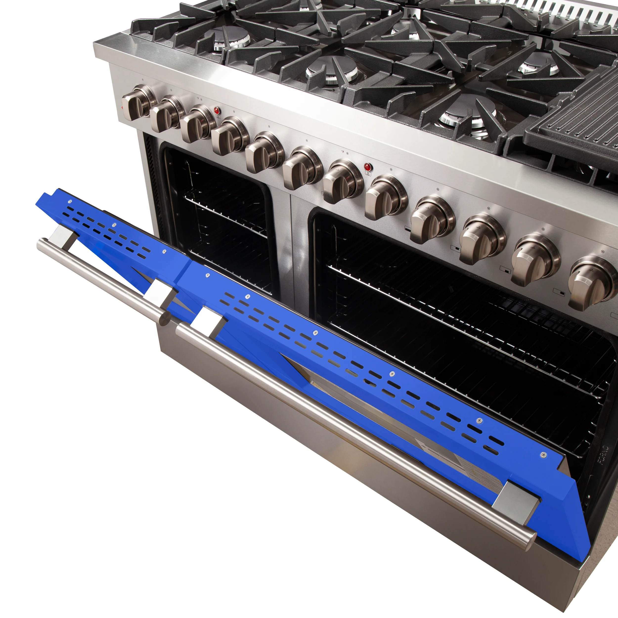 Forno Galiano 48-Inch Freestanding Dual Fuel Range, 8 Burners, Double Convection Ovens, Blue Doors - Image 5