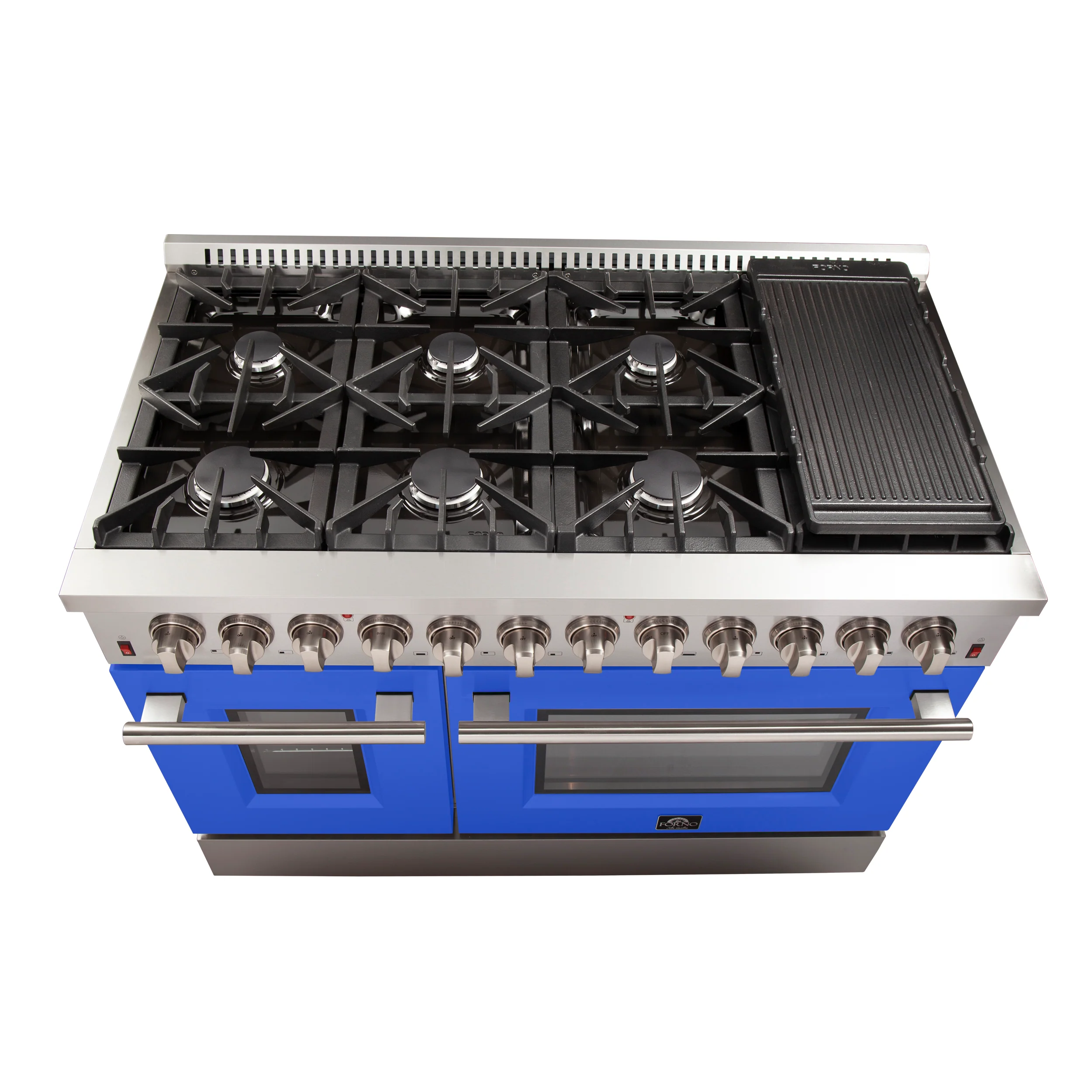 Forno Galiano 48-Inch Freestanding Dual Fuel Range, 8 Burners, Double Convection Ovens, Blue Doors - Image 6
