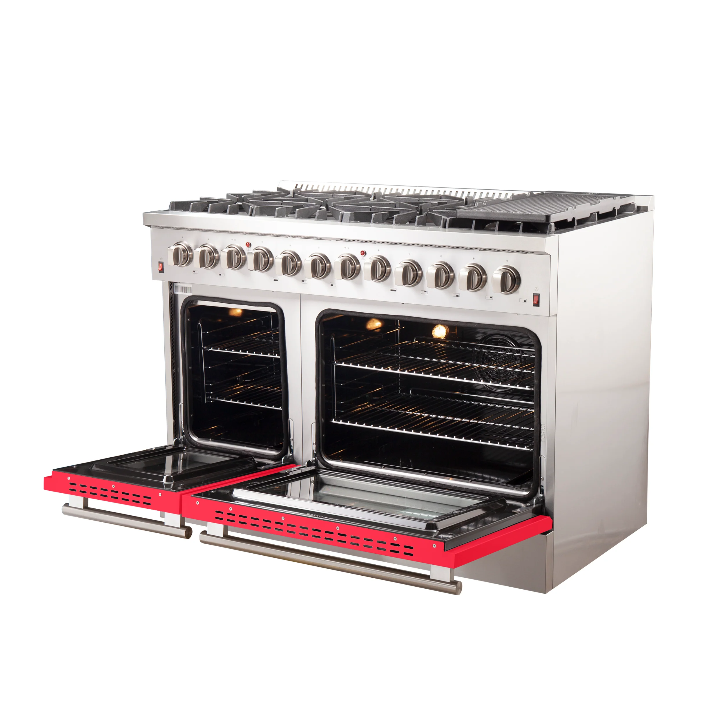 Forno Galiano 48-Inch Freestanding Dual Fuel Range, 8 Burners, Double Convection Ovens, Red Doors - Image 4