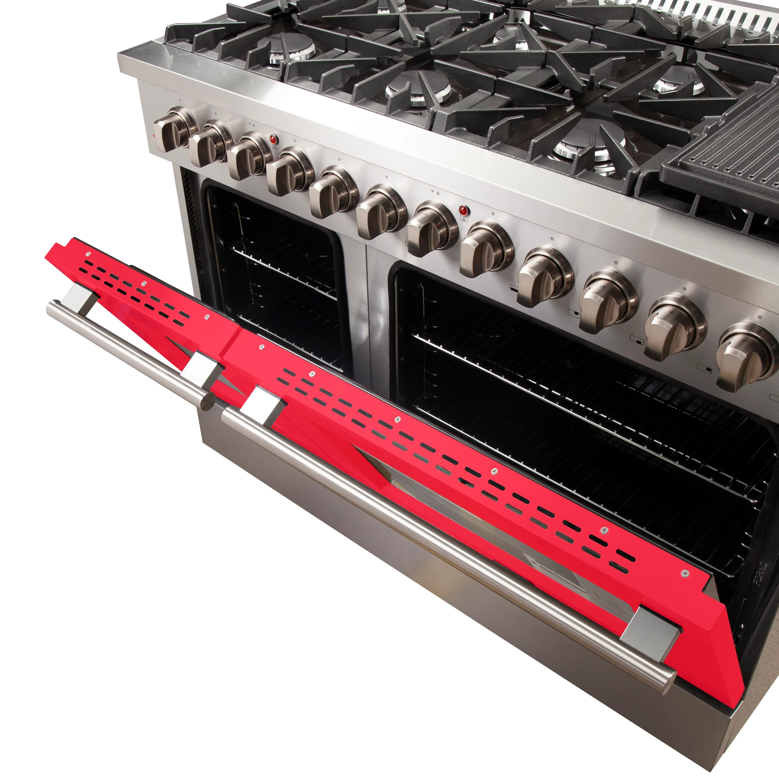 Forno Galiano 48-Inch Freestanding Dual Fuel Range, 8 Burners, Double Convection Ovens, Red Doors - Image 5
