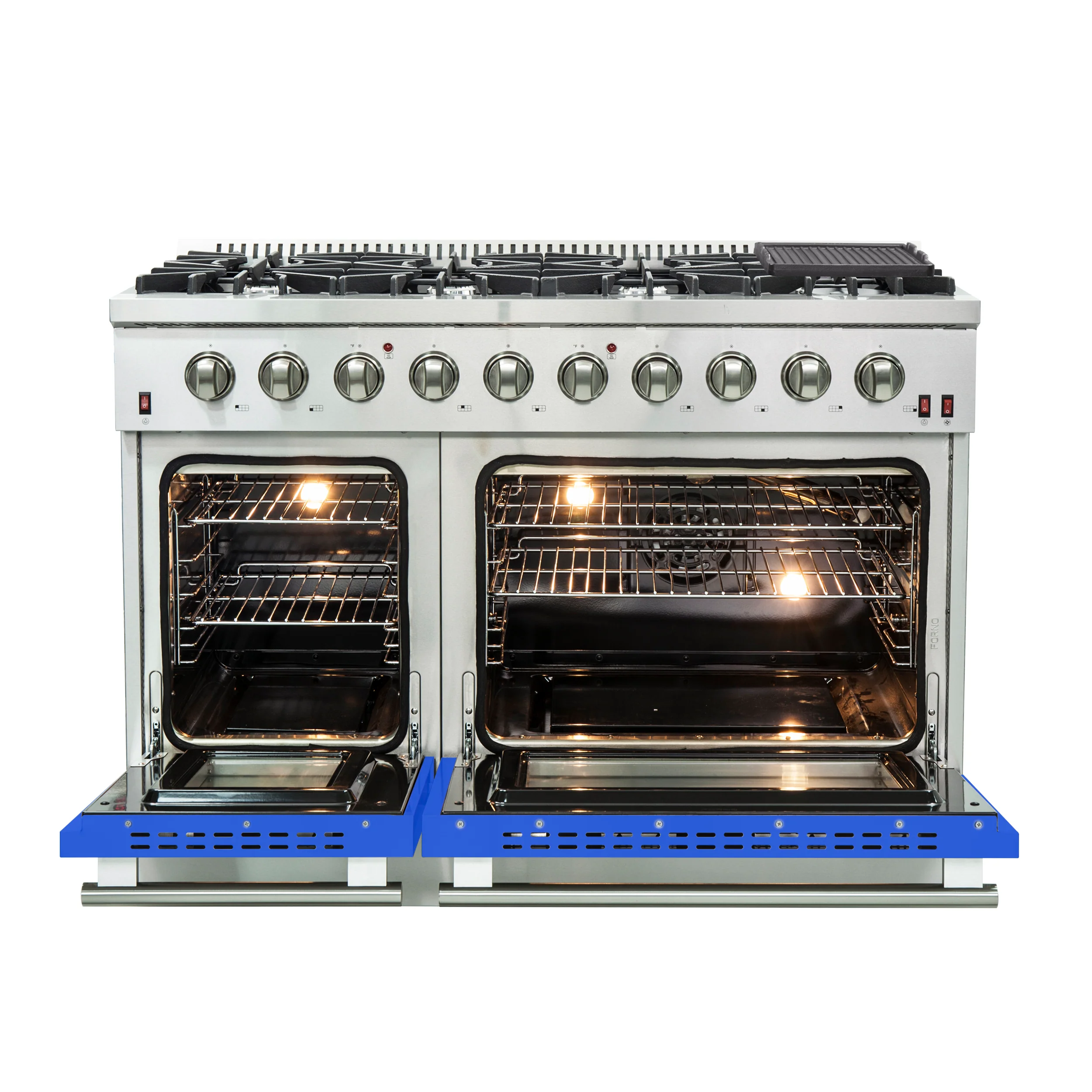 Forno Galiano 48-Inch Freestanding Gas Range, Stainless Steel, 8 Burners, 107,000 BTU, Griddle, Double Ovens, Energy Efficient, Blue Doors - Image 2