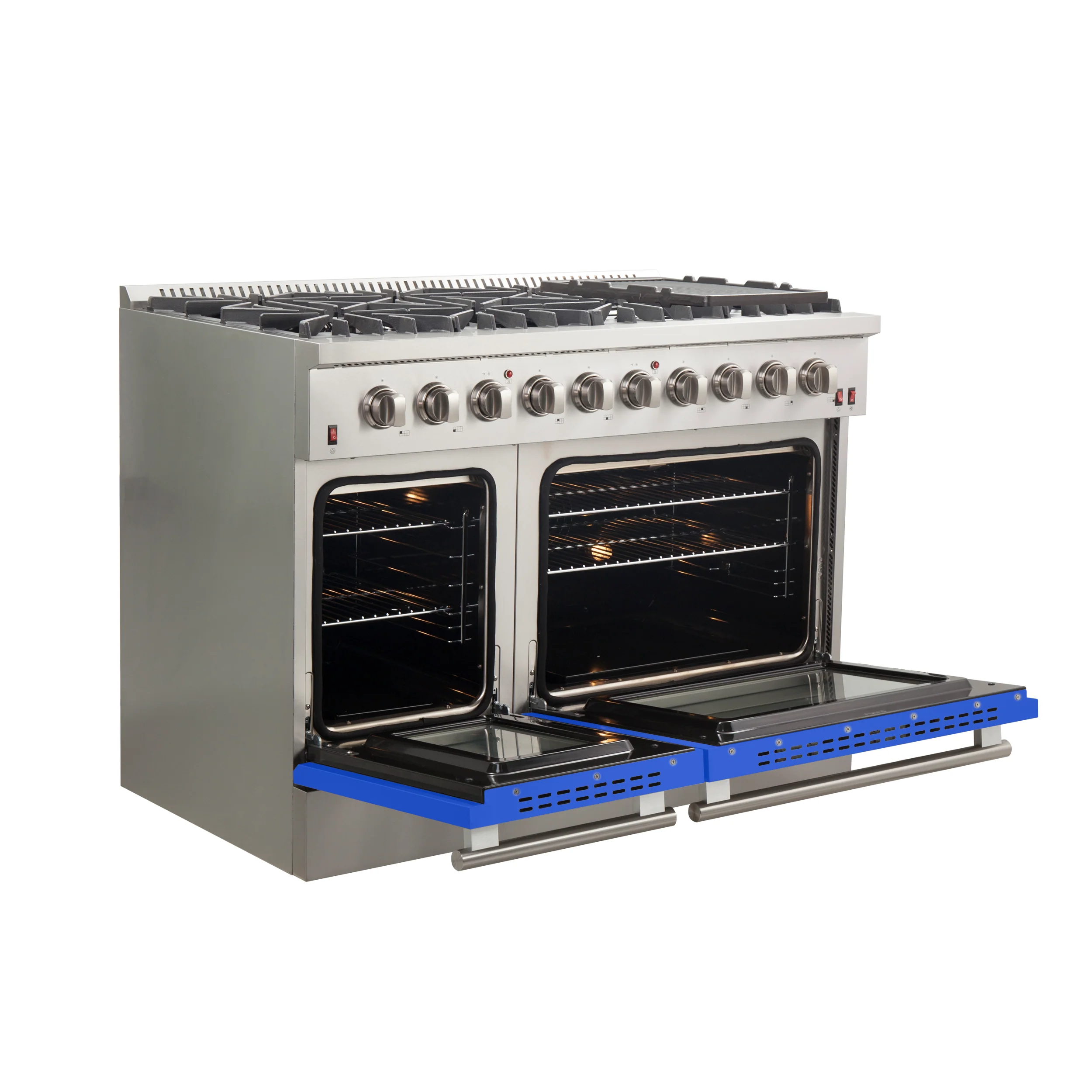 Forno Galiano 48-Inch Freestanding Gas Range, Stainless Steel, 8 Burners, 107,000 BTU, Griddle, Double Ovens, Energy Efficient, Blue Doors - Image 4