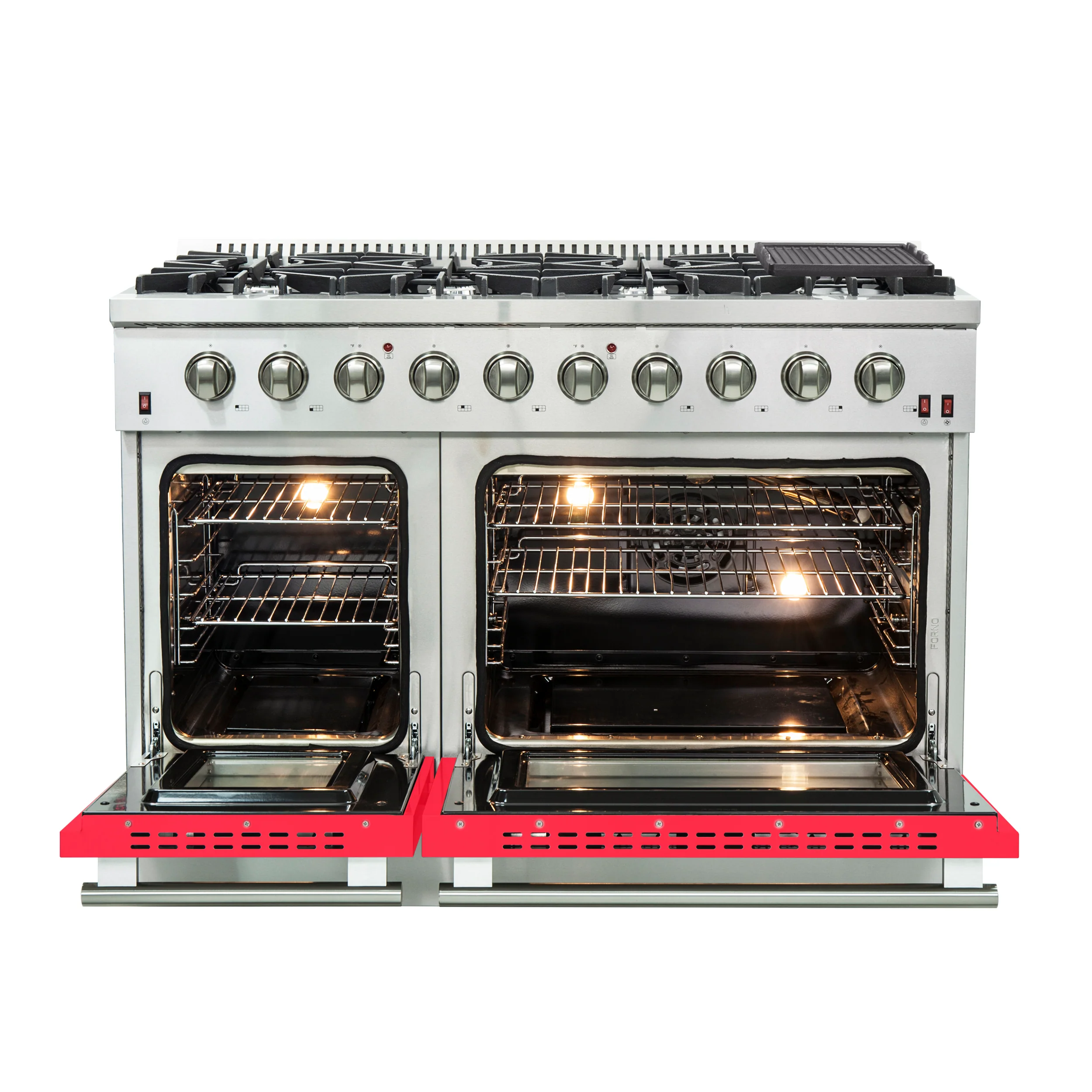 Forno Galiano 48-Inch Freestanding Gas Range, Stainless Steel, 8 Burners, 107,000 BTU, Griddle, Double Ovens, Energy Efficient, Red Doors - Image 2
