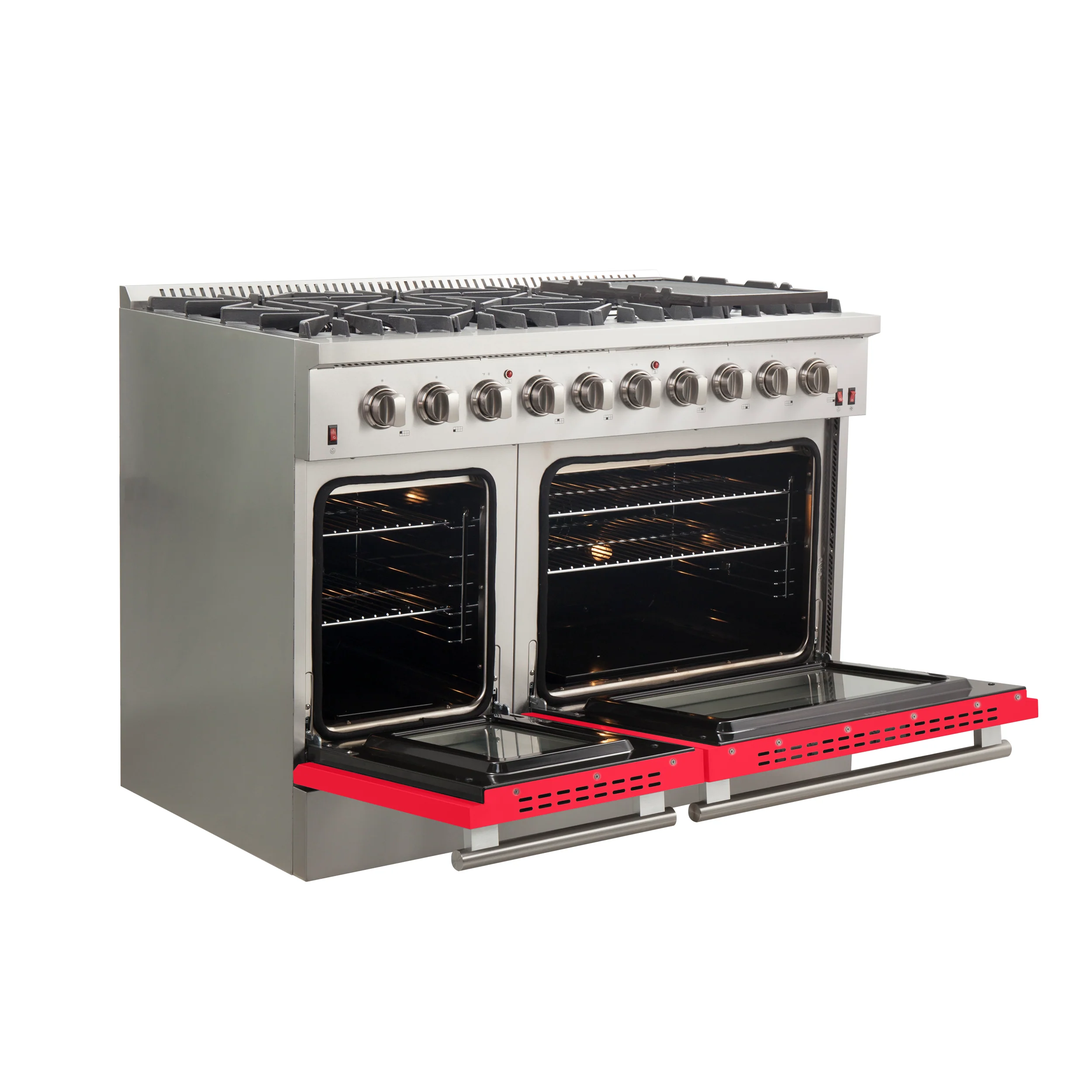 Forno Galiano 48-Inch Freestanding Gas Range, Stainless Steel, 8 Burners, 107,000 BTU, Griddle, Double Ovens, Energy Efficient, Red Doors - Image 4