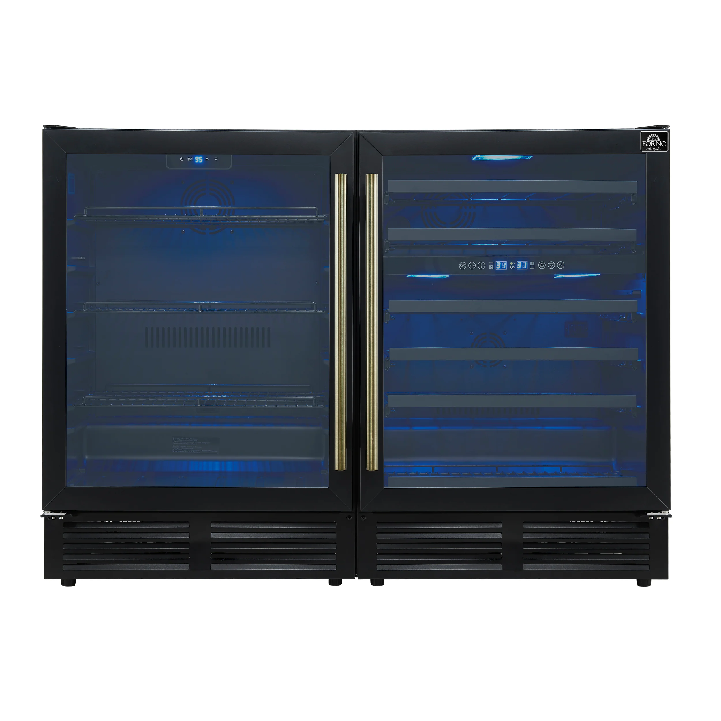 Gemello 48 Inch Side-by-Side Wine and Beverage Cooler in Black with Antique Brass Handles, French Door, 9.6 cu. ft.