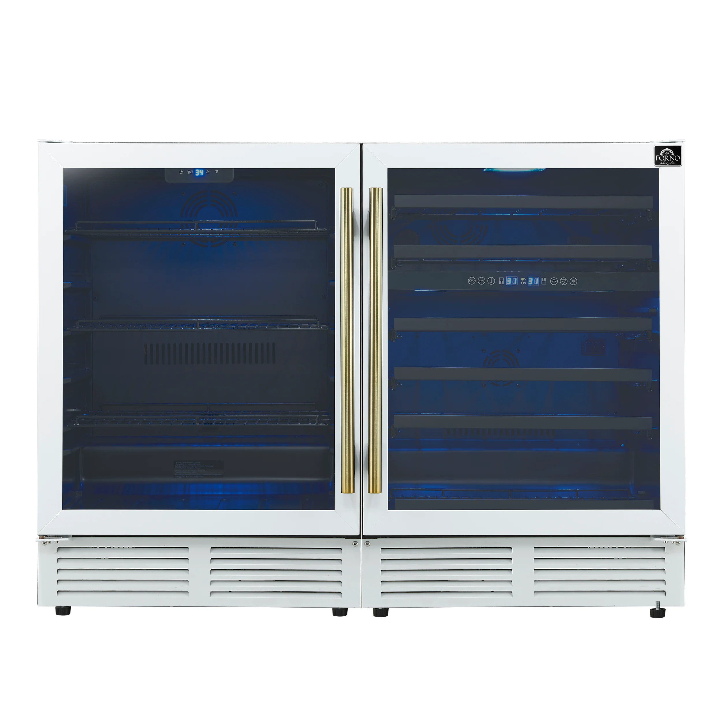 Gemello 48 Inch Side-by-Side Wine and Beverage Cooler in White with Antique Brass Handles, French Door, 9.6 cu. ft.