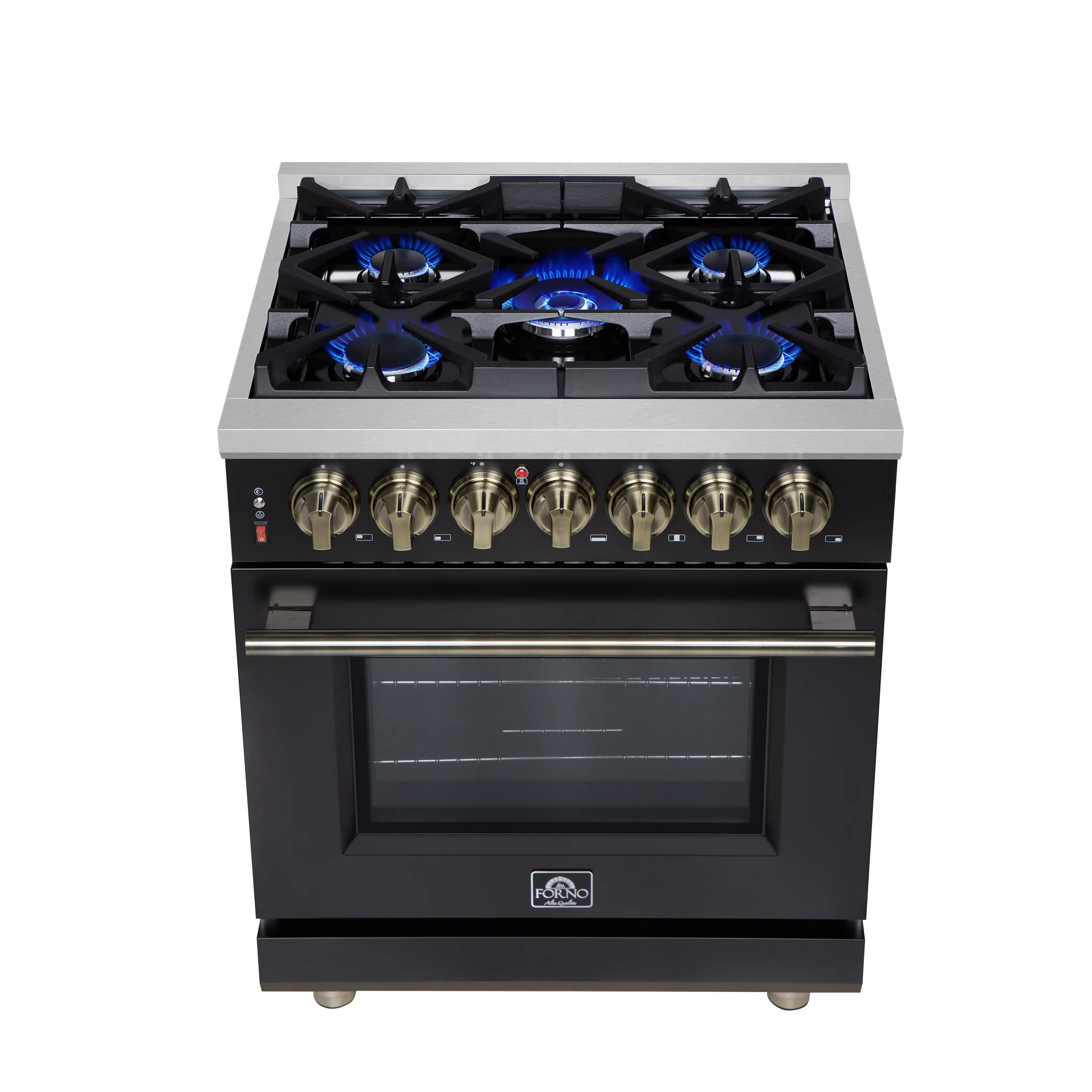 Forno Massimo 30-Inch Freestanding Dual Fuel Range in Black with Antique Brass Accessories, 4 Burners, 4.32 cu. ft. Convection Oven - Image 11