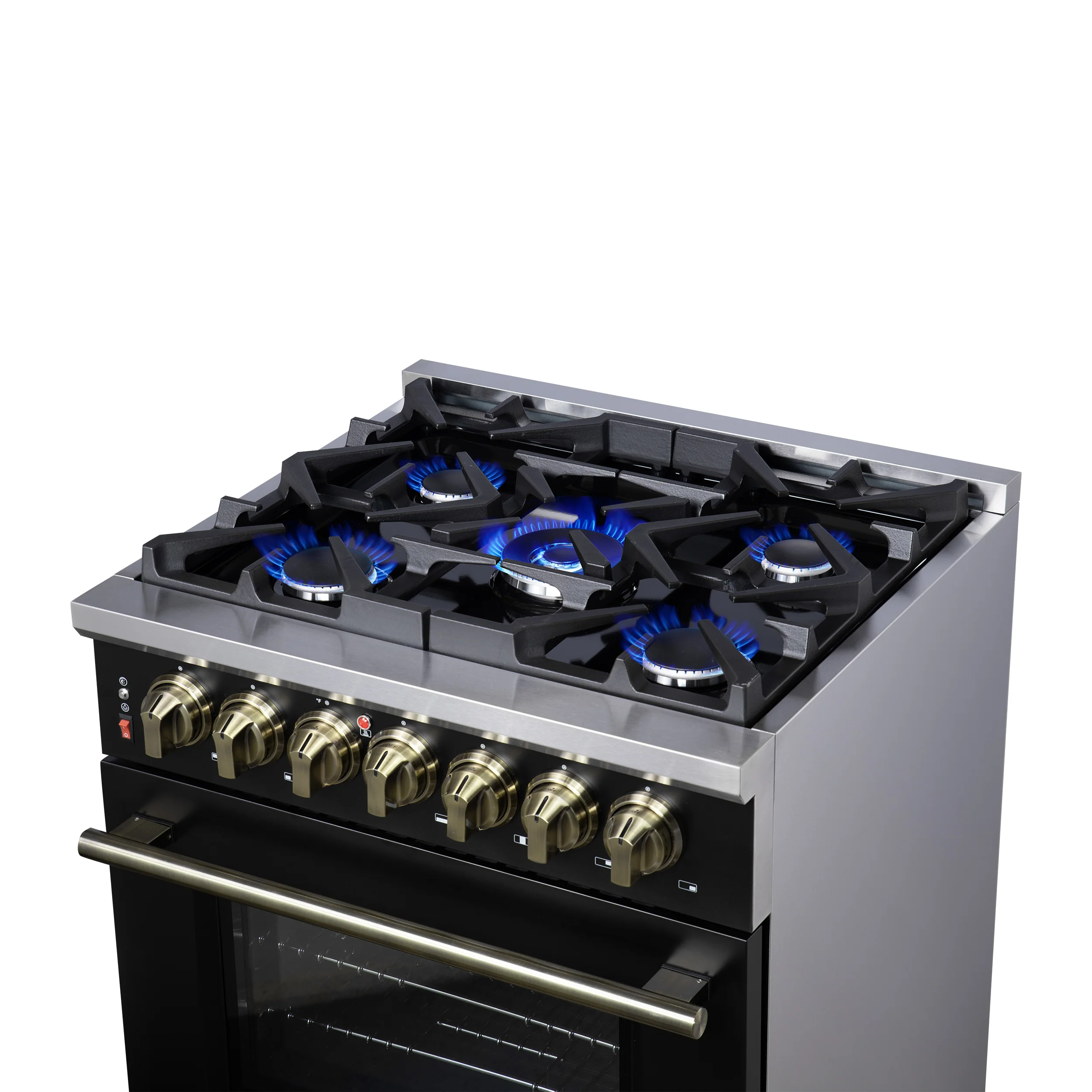 Forno Massimo 30-Inch Freestanding Dual Fuel Range in Black with Antique Brass Accessories, 4 Burners, 4.32 cu. ft. Convection Oven - Image 13