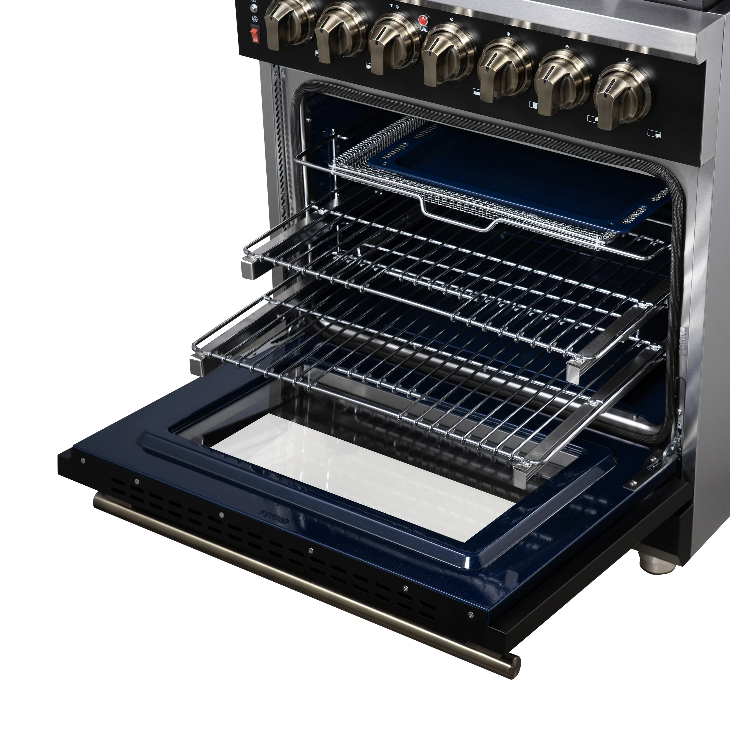 Forno Massimo 30-Inch Freestanding Dual Fuel Range in Black with Antique Brass Accessories, 4 Burners, 4.32 cu. ft. Convection Oven - Image 14