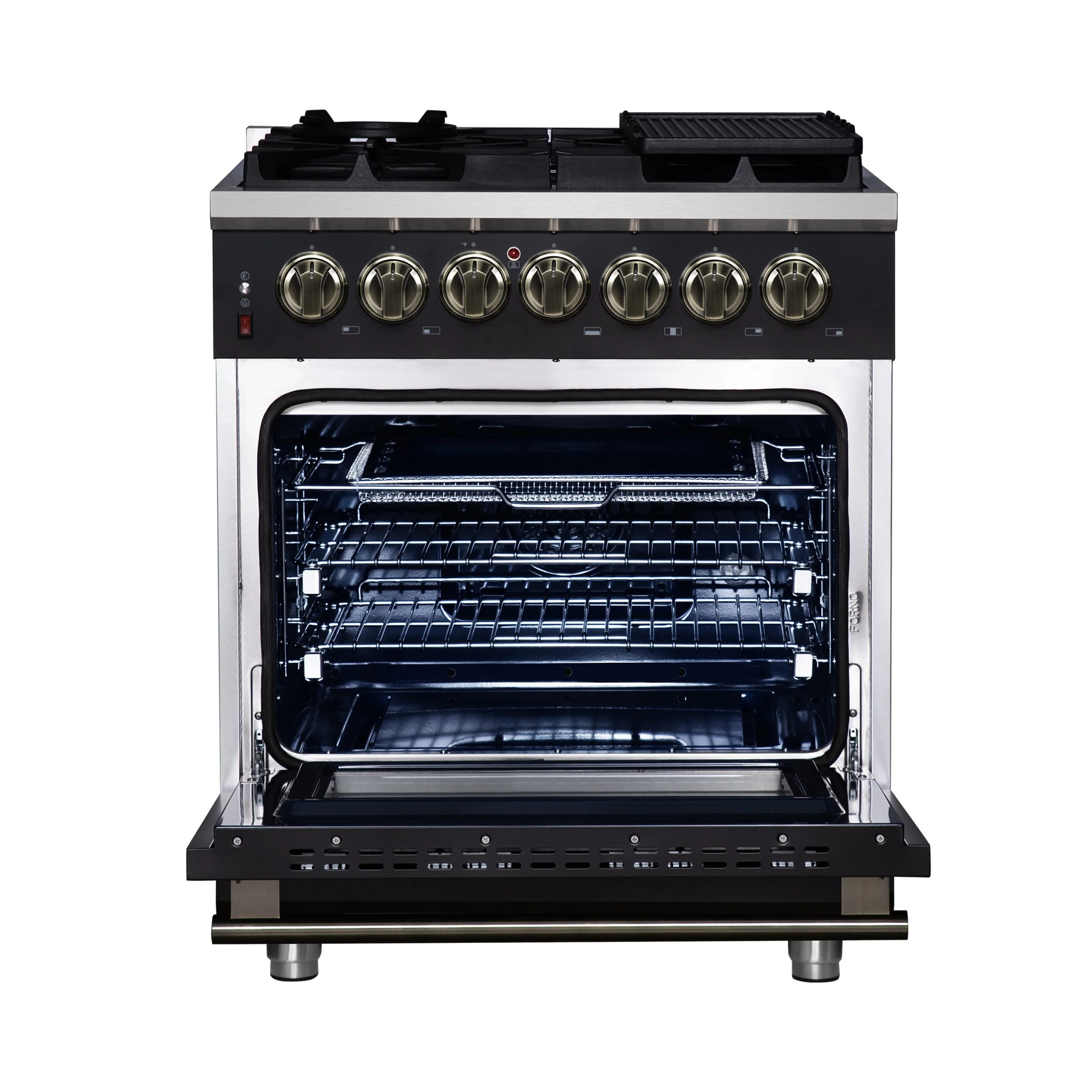 Forno Massimo 30-Inch Freestanding Dual Fuel Range in Black with Antique Brass Accessories, 4 Burners, 4.32 cu. ft. Convection Oven - Image 2