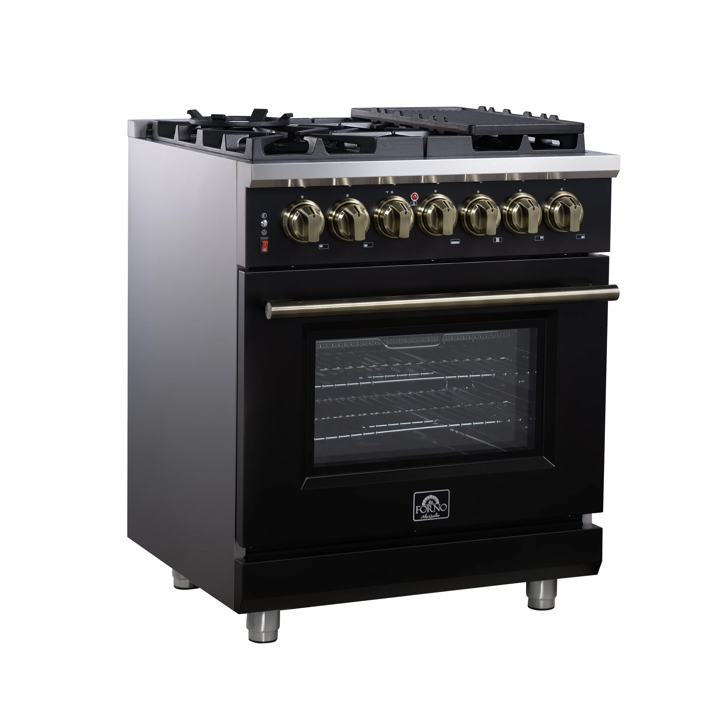 Forno Massimo 30-Inch Freestanding Dual Fuel Range in Black with Antique Brass Accessories, 4 Burners, 4.32 cu. ft. Convection Oven - Image 3