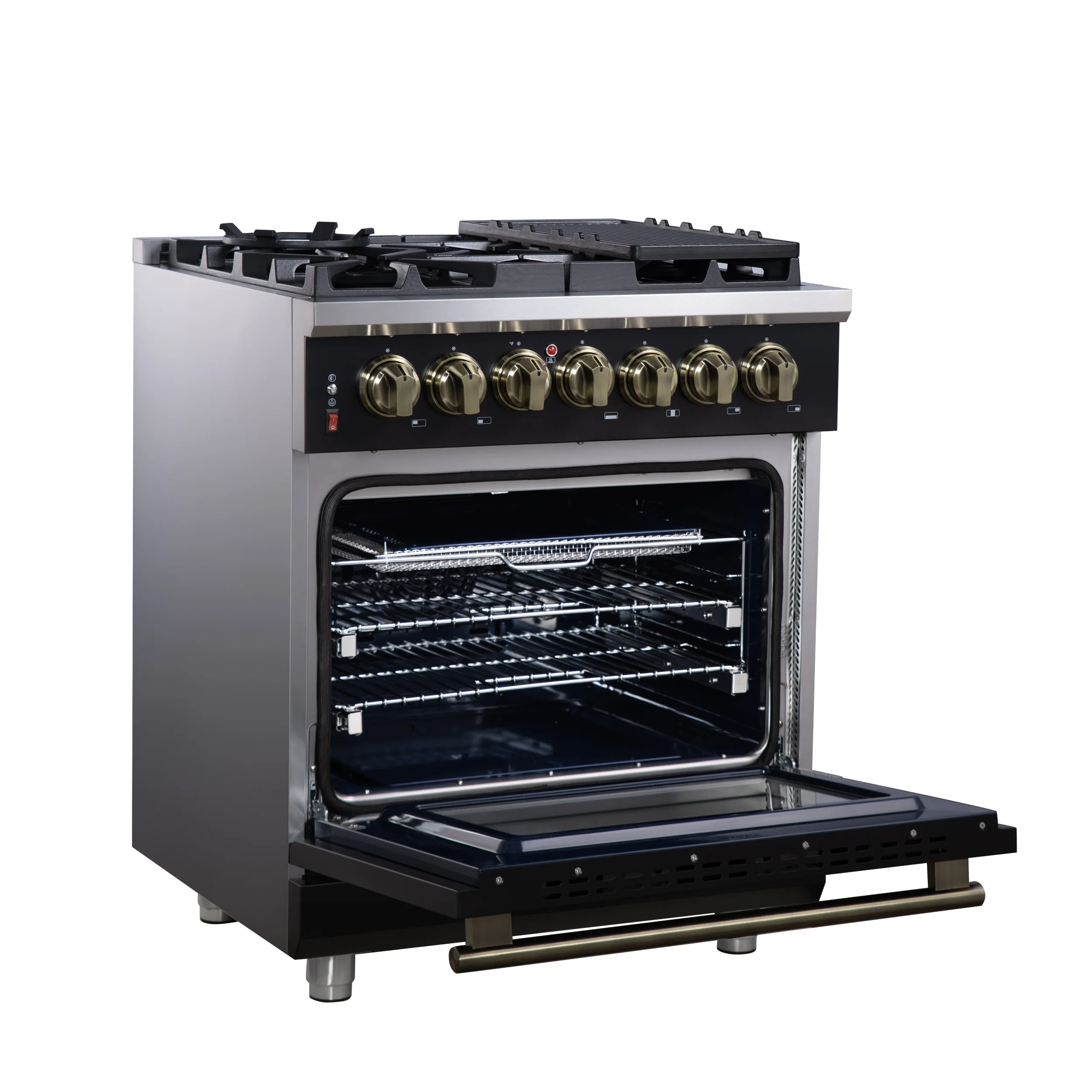 Forno Massimo 30-Inch Freestanding Dual Fuel Range in Black with Antique Brass Accessories, 4 Burners, 4.32 cu. ft. Convection Oven - Image 4