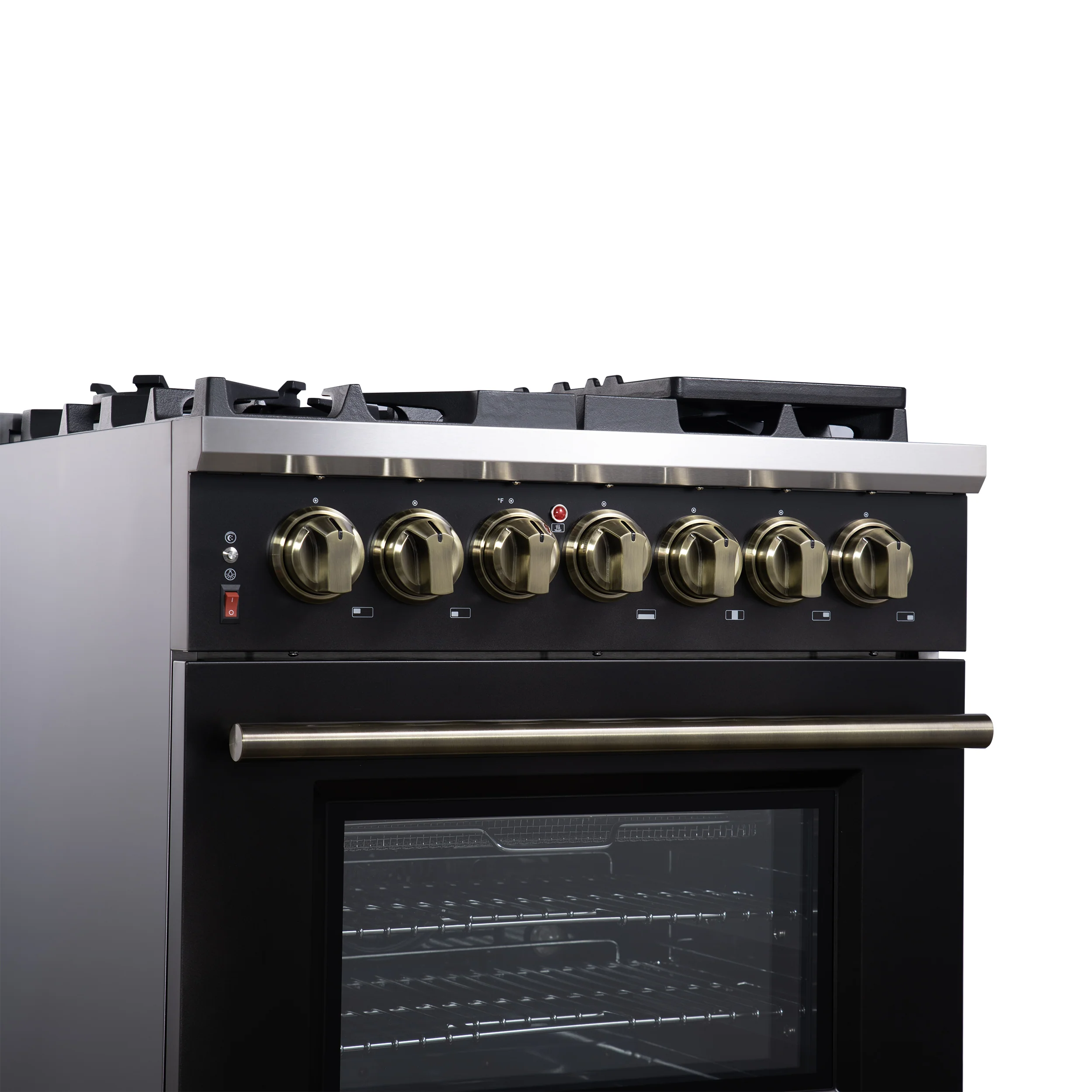 Forno Massimo 30-Inch Freestanding Dual Fuel Range in Black with Antique Brass Accessories, 4 Burners, 4.32 cu. ft. Convection Oven - Image 6