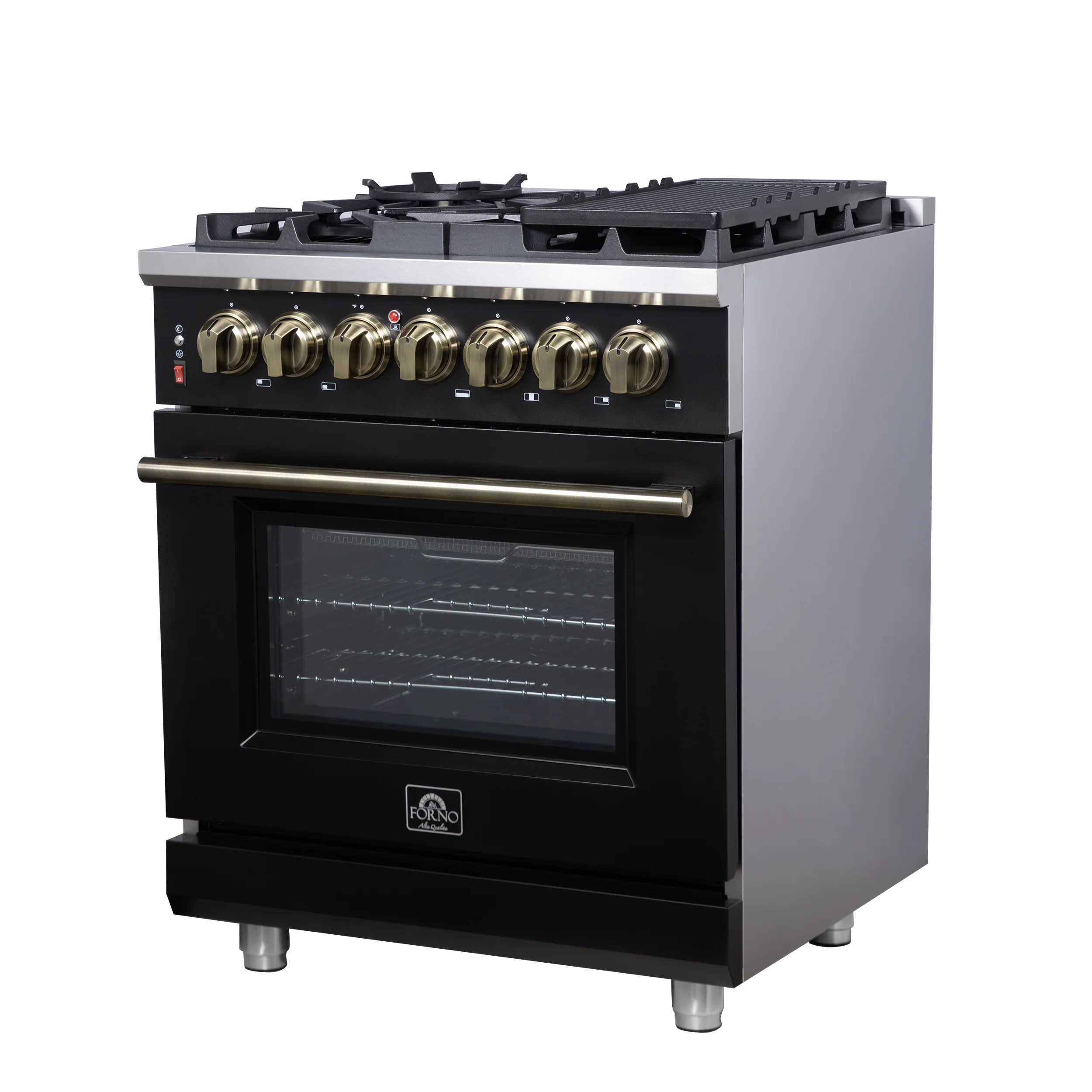 Forno Massimo 30-Inch Freestanding Dual Fuel Range in Black with Antique Brass Accessories, 4 Burners, 4.32 cu. ft. Convection Oven - Image 7