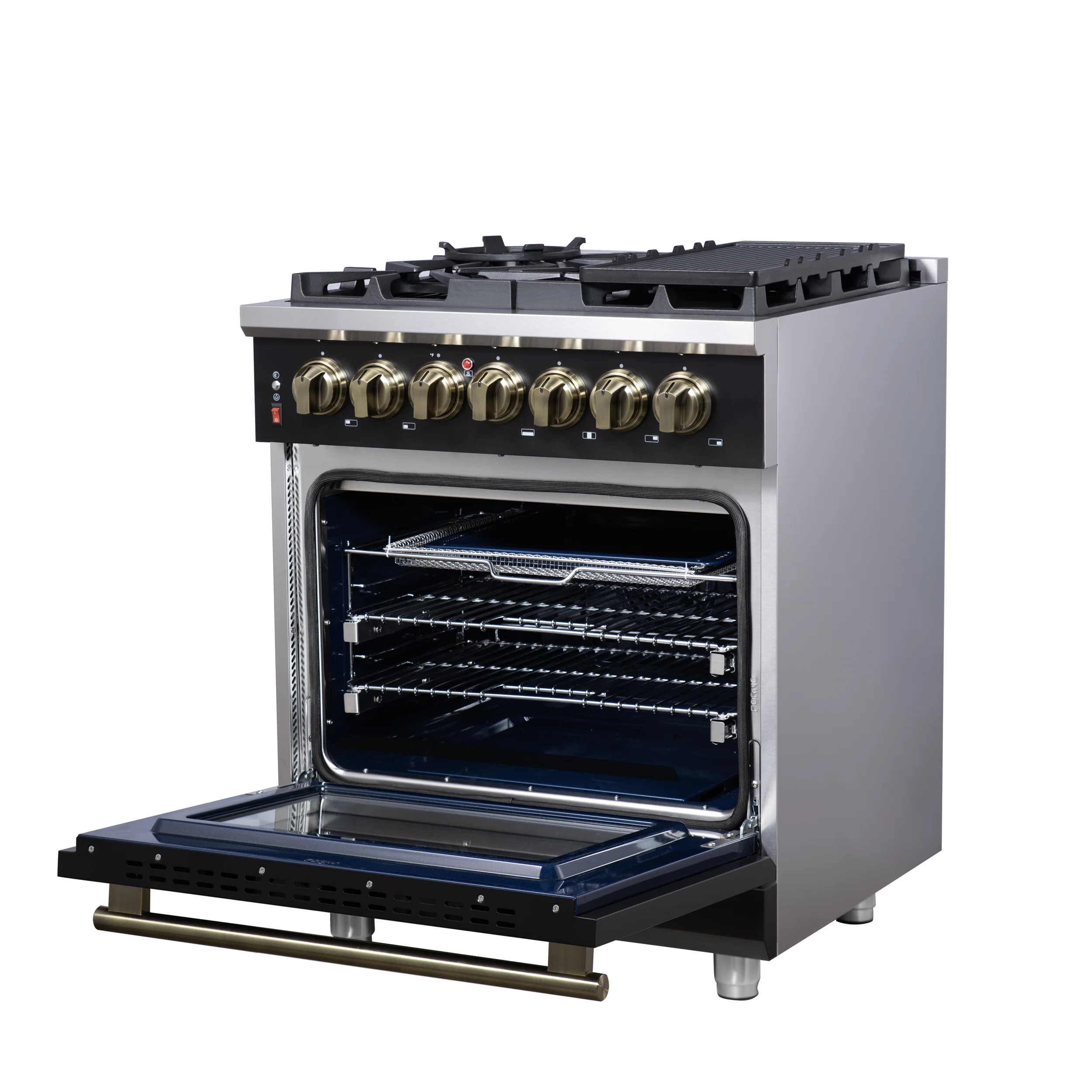 Forno Massimo 30-Inch Freestanding Dual Fuel Range in Black with Antique Brass Accessories, 4 Burners, 4.32 cu. ft. Convection Oven - Image 8