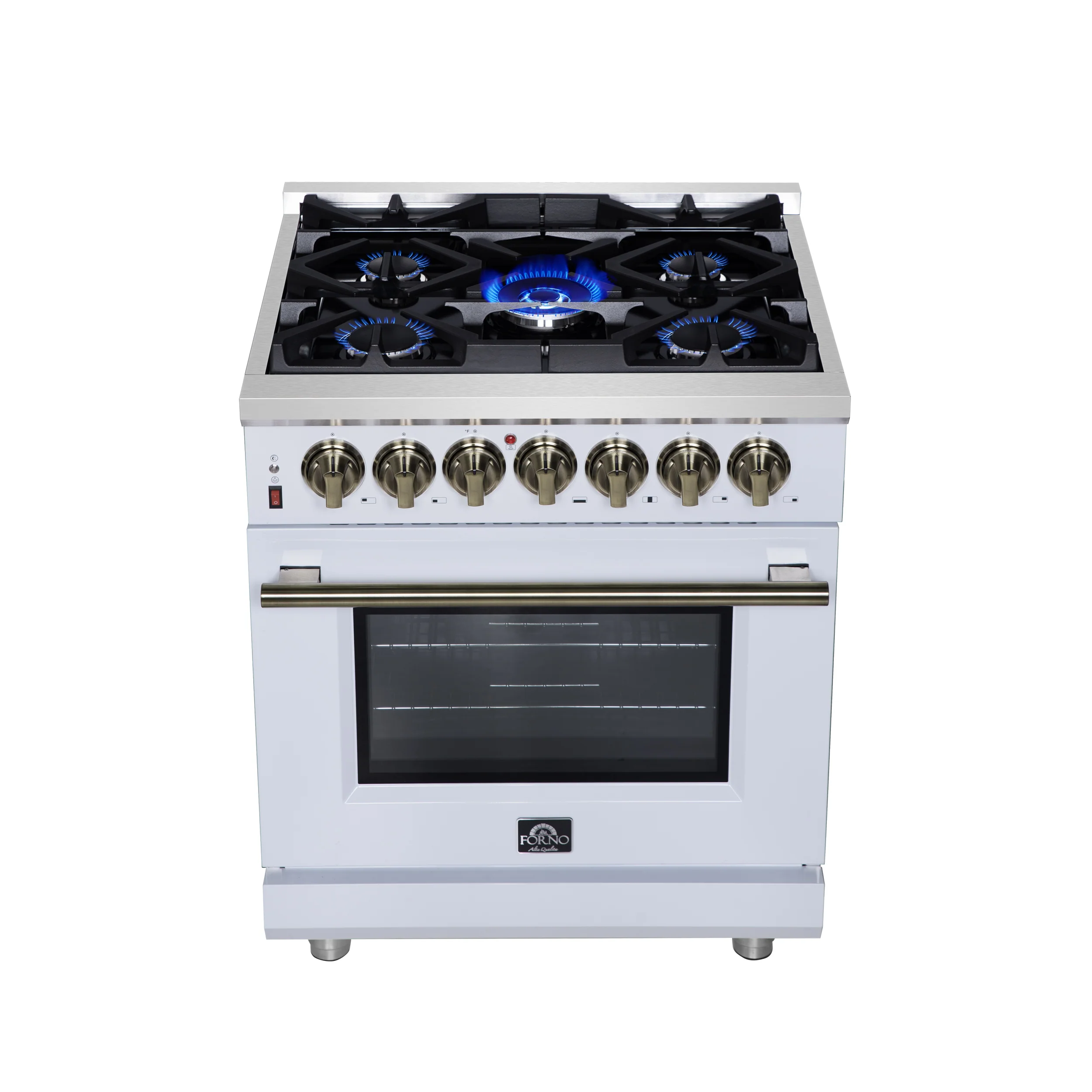 Forno Massimo 30-Inch Freestanding Dual Fuel Range in White with Antique Brass Accessories, 4 Burners, 4.32 cu. ft. Convection Oven - Image 11