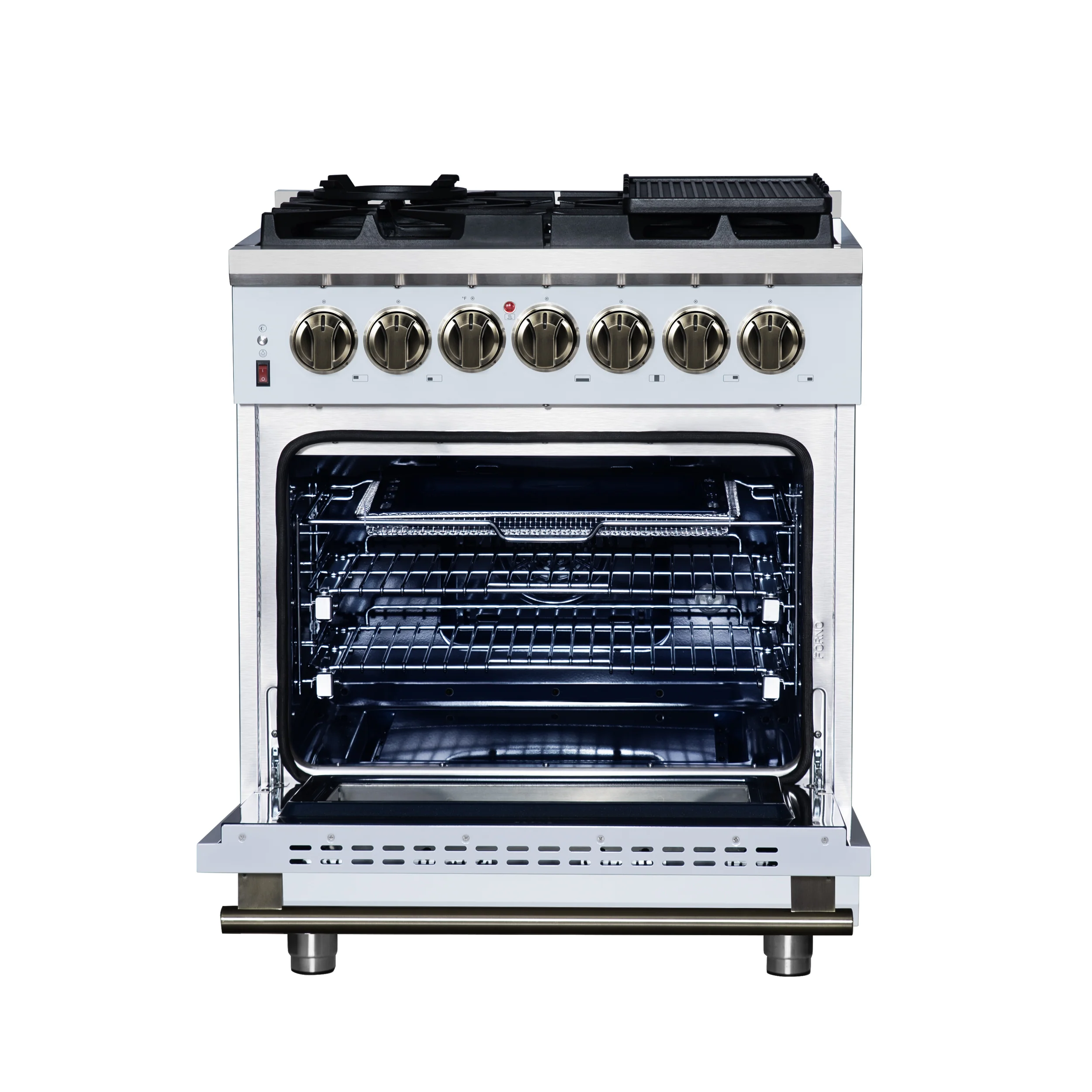Forno Massimo 30-Inch Freestanding Dual Fuel Range in White with Antique Brass Accessories, 4 Burners, 4.32 cu. ft. Convection Oven - Image 2