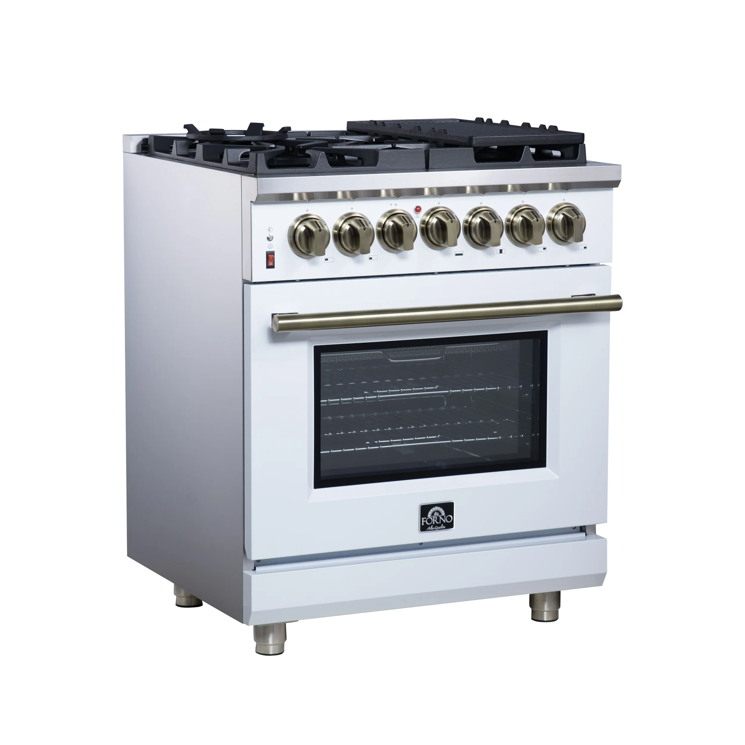 Forno Massimo 30-Inch Freestanding Dual Fuel Range in White with Antique Brass Accessories, 4 Burners, 4.32 cu. ft. Convection Oven - Image 3