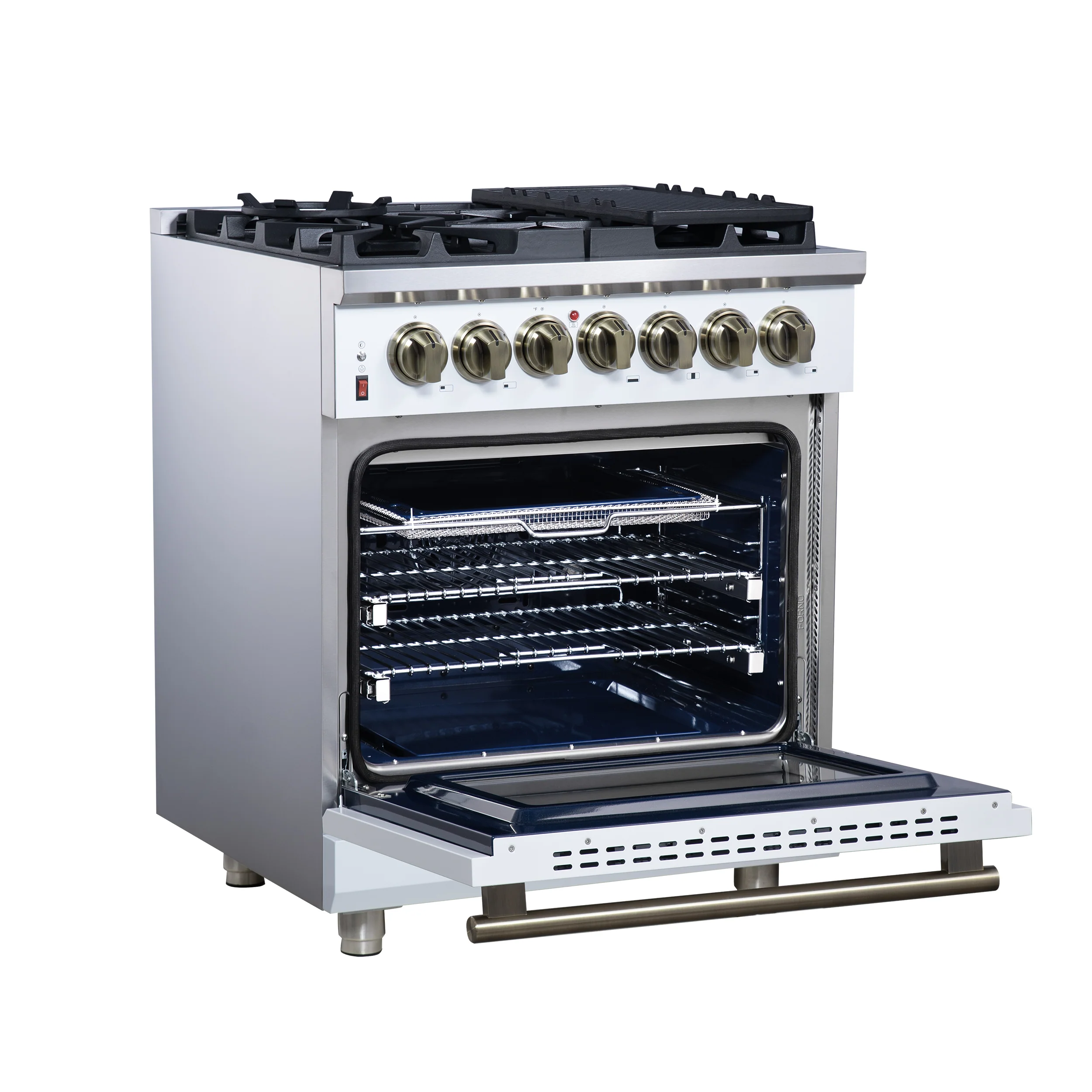 Forno Massimo 30-Inch Freestanding Dual Fuel Range in White with Antique Brass Accessories, 4 Burners, 4.32 cu. ft. Convection Oven - Image 4