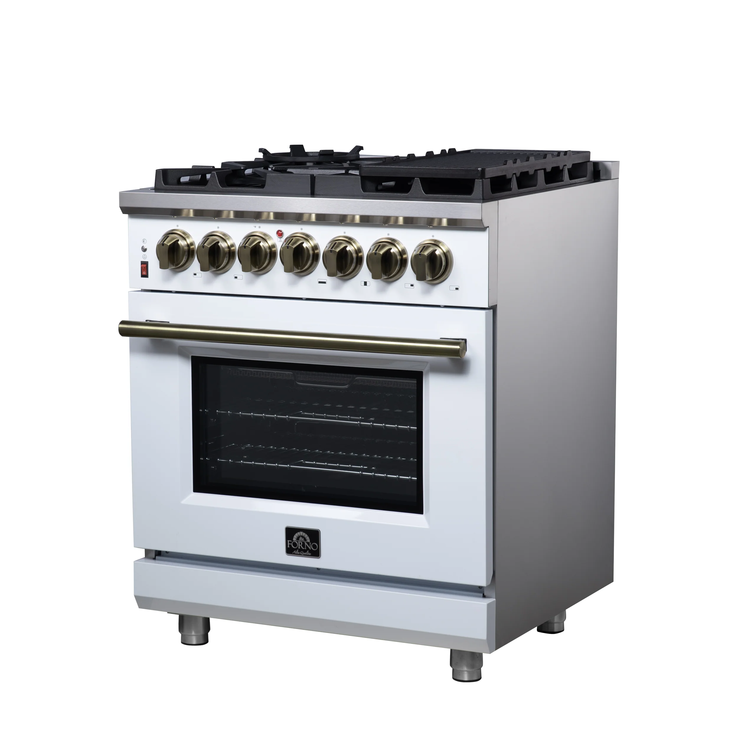 Forno Massimo 30-Inch Freestanding Dual Fuel Range in White with Antique Brass Accessories, 4 Burners, 4.32 cu. ft. Convection Oven - Image 7