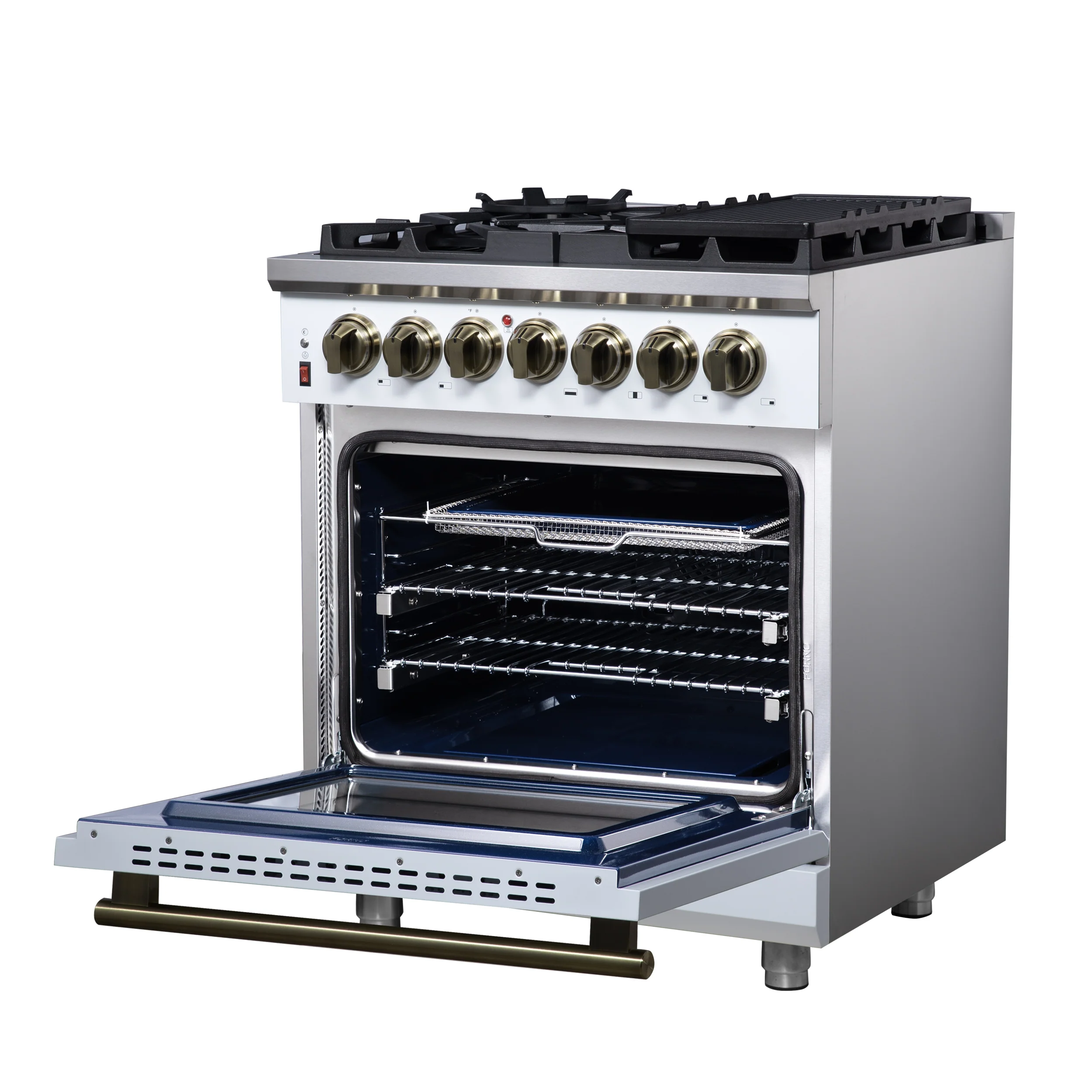 Forno Massimo 30-Inch Freestanding Dual Fuel Range in White with Antique Brass Accessories, 4 Burners, 4.32 cu. ft. Convection Oven - Image 8
