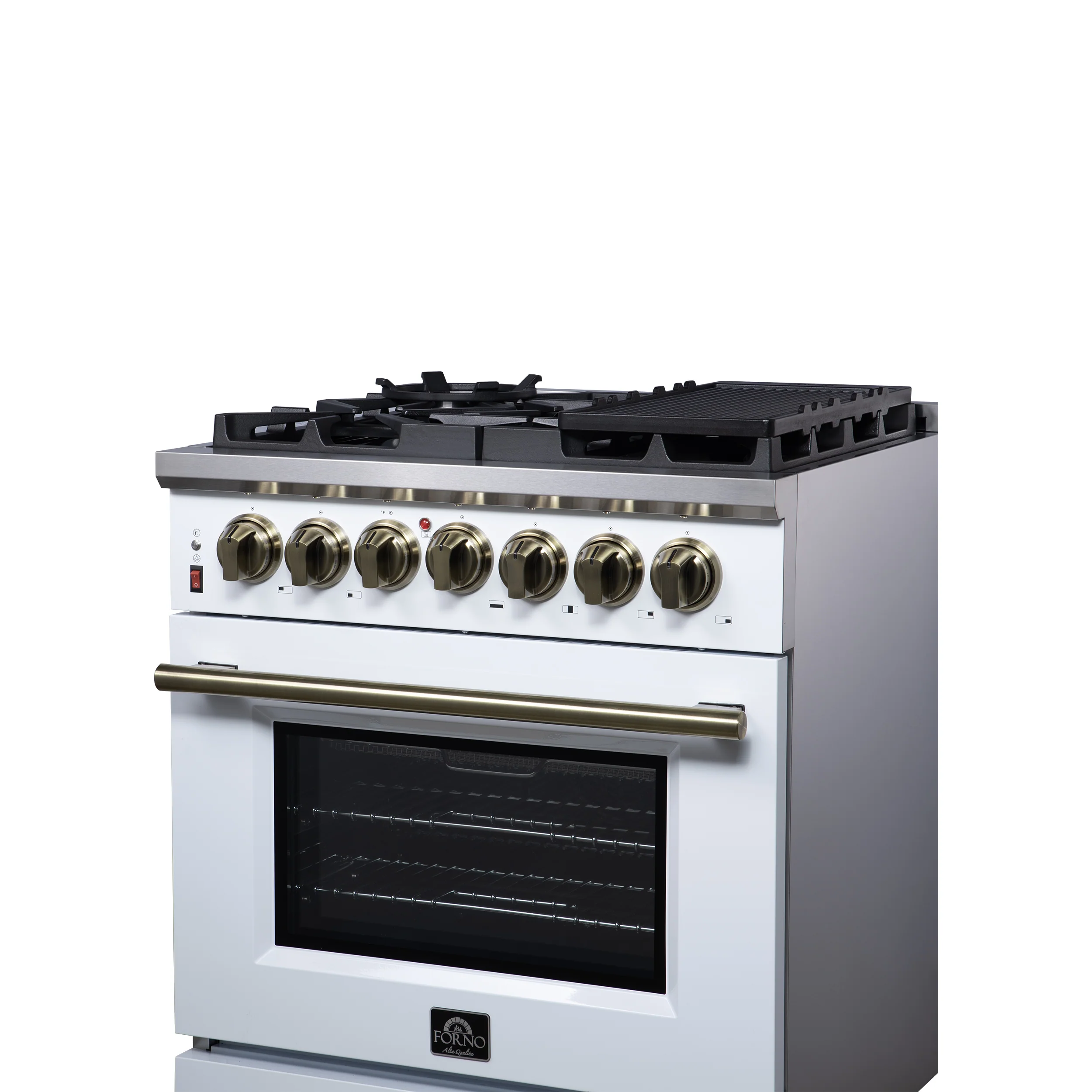 Forno Massimo 30-Inch Freestanding Dual Fuel Range in White with Antique Brass Accessories, 4 Burners, 4.32 cu. ft. Convection Oven - Image 9