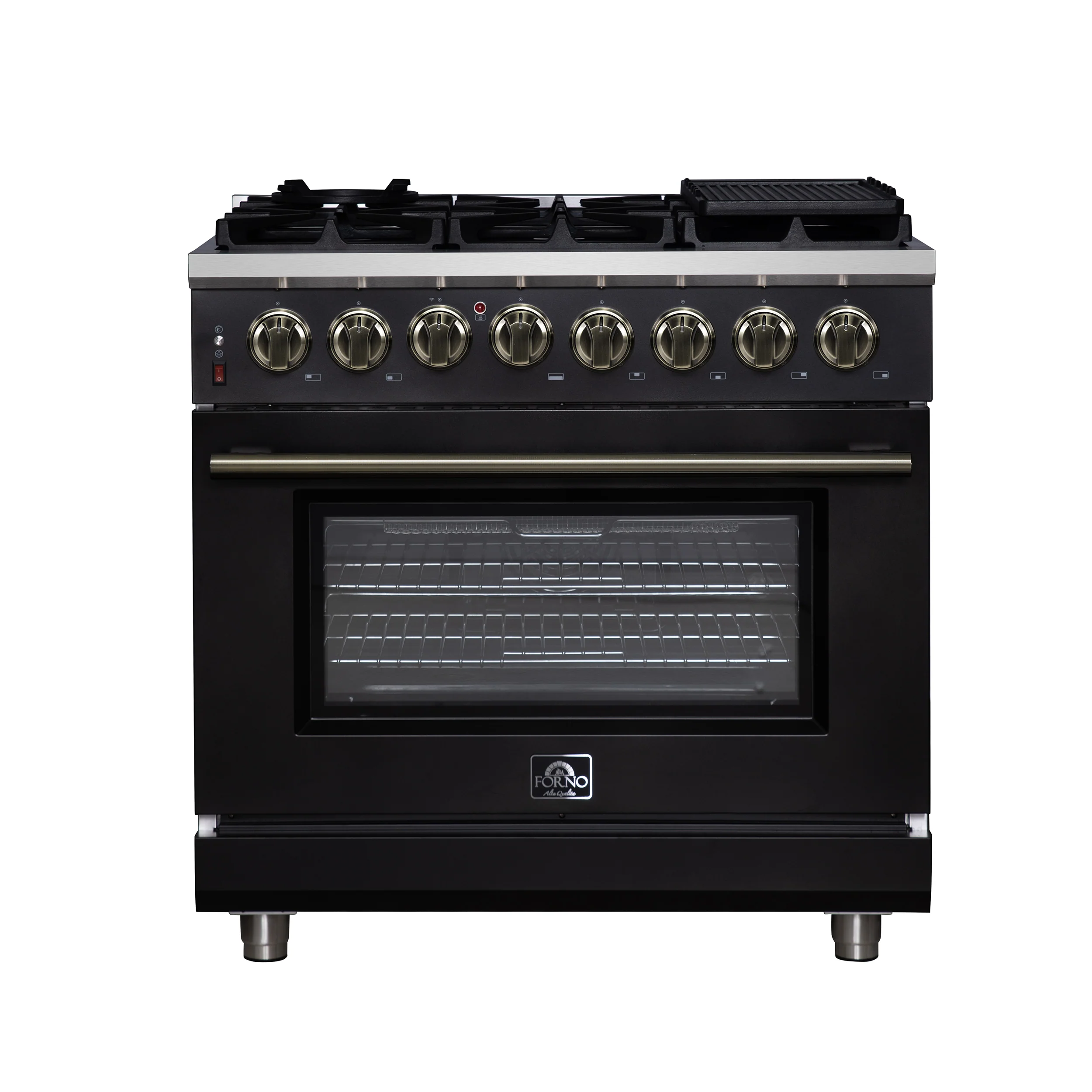 Forno Massimo 36 Inch Freestanding Dual Fuel Range in Black with Antique Brass Accessories, 6 Burners, 5.36 cu. ft. Convection Oven
