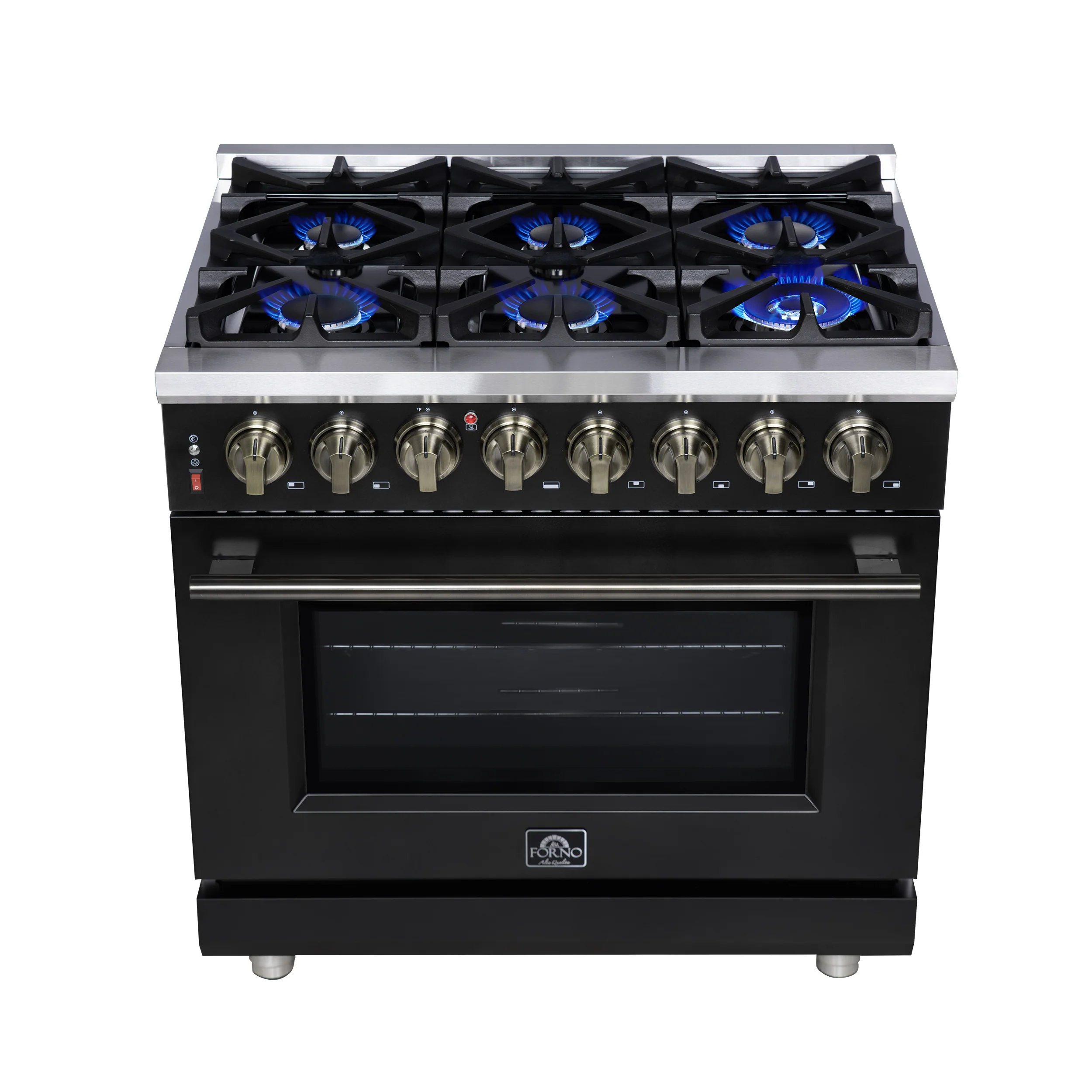 Forno Massimo 36 Inch Freestanding Dual Fuel Range in Black with Antique Brass Accessories, 6 Burners, 5.36 cu. ft. Convection Oven - Image 11