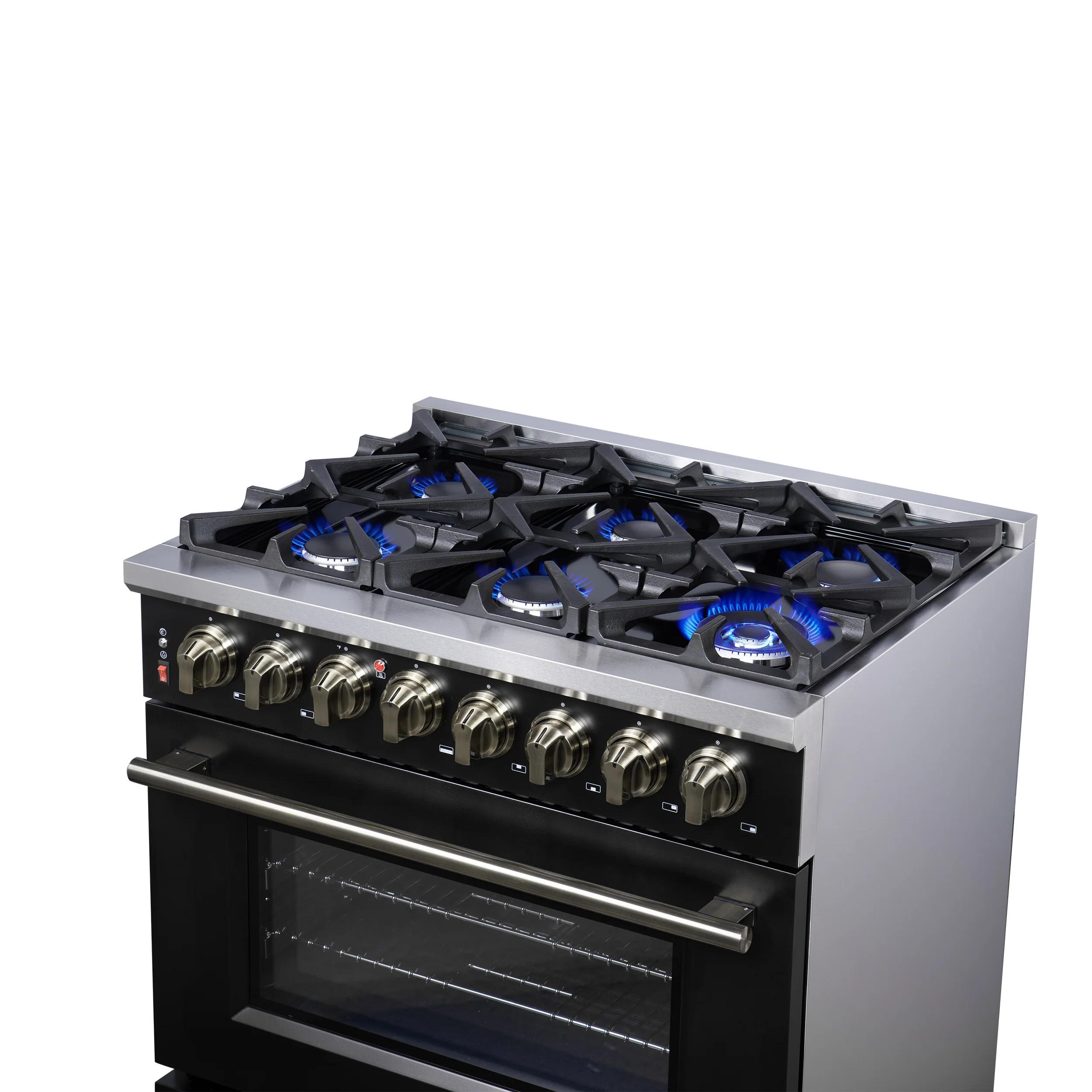 Forno Massimo 36 Inch Freestanding Dual Fuel Range in Black with Antique Brass Accessories, 6 Burners, 5.36 cu. ft. Convection Oven - Image 13