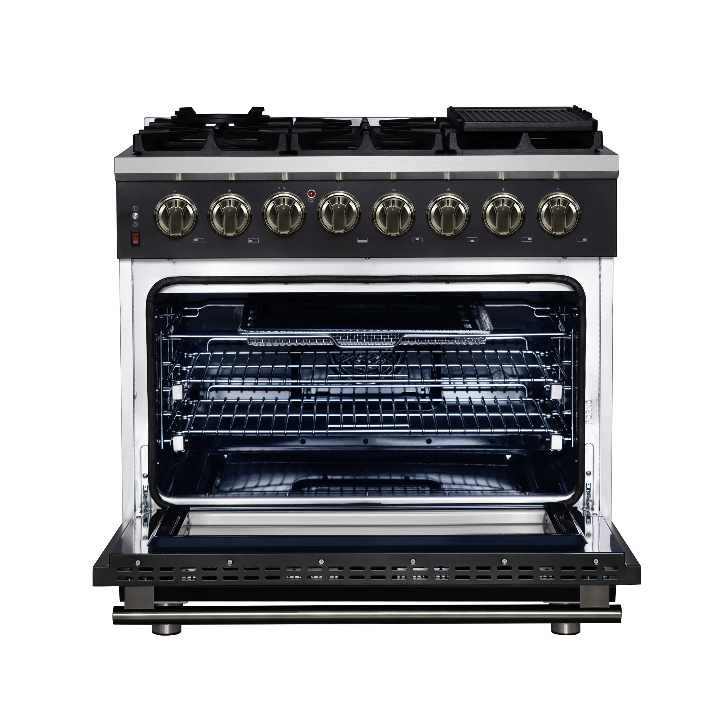 Forno Massimo 36 Inch Freestanding Dual Fuel Range in Black with Antique Brass Accessories, 6 Burners, 5.36 cu. ft. Convection Oven - Image 2