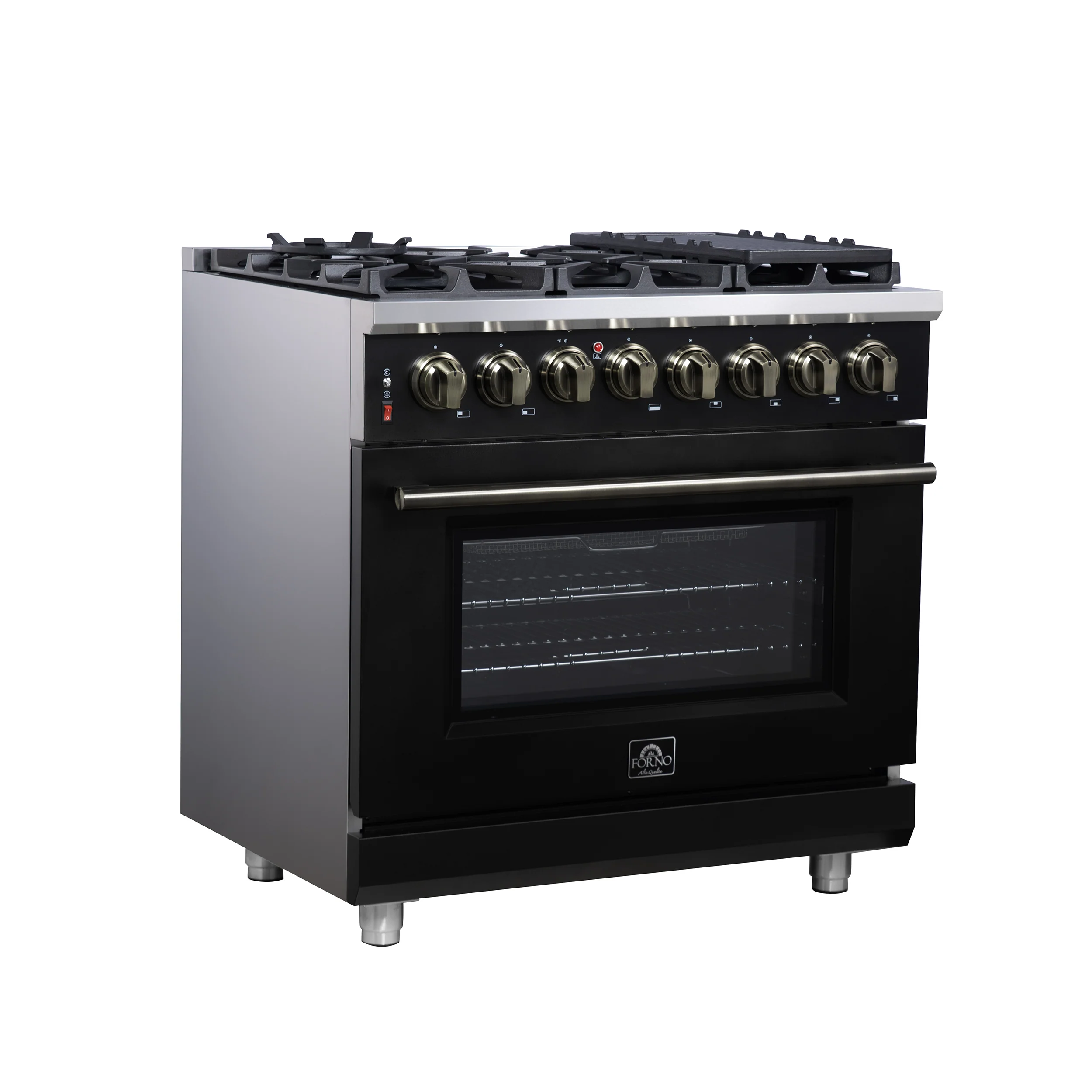 Forno Massimo 36 Inch Freestanding Dual Fuel Range in Black with Antique Brass Accessories, 6 Burners, 5.36 cu. ft. Convection Oven - Image 3